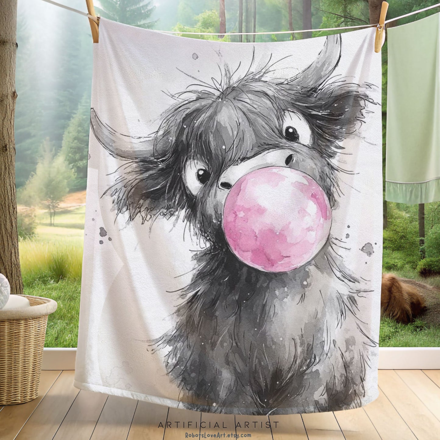Adorable Baby Highland Cow Bubblegum Velveteen Throw Blanket