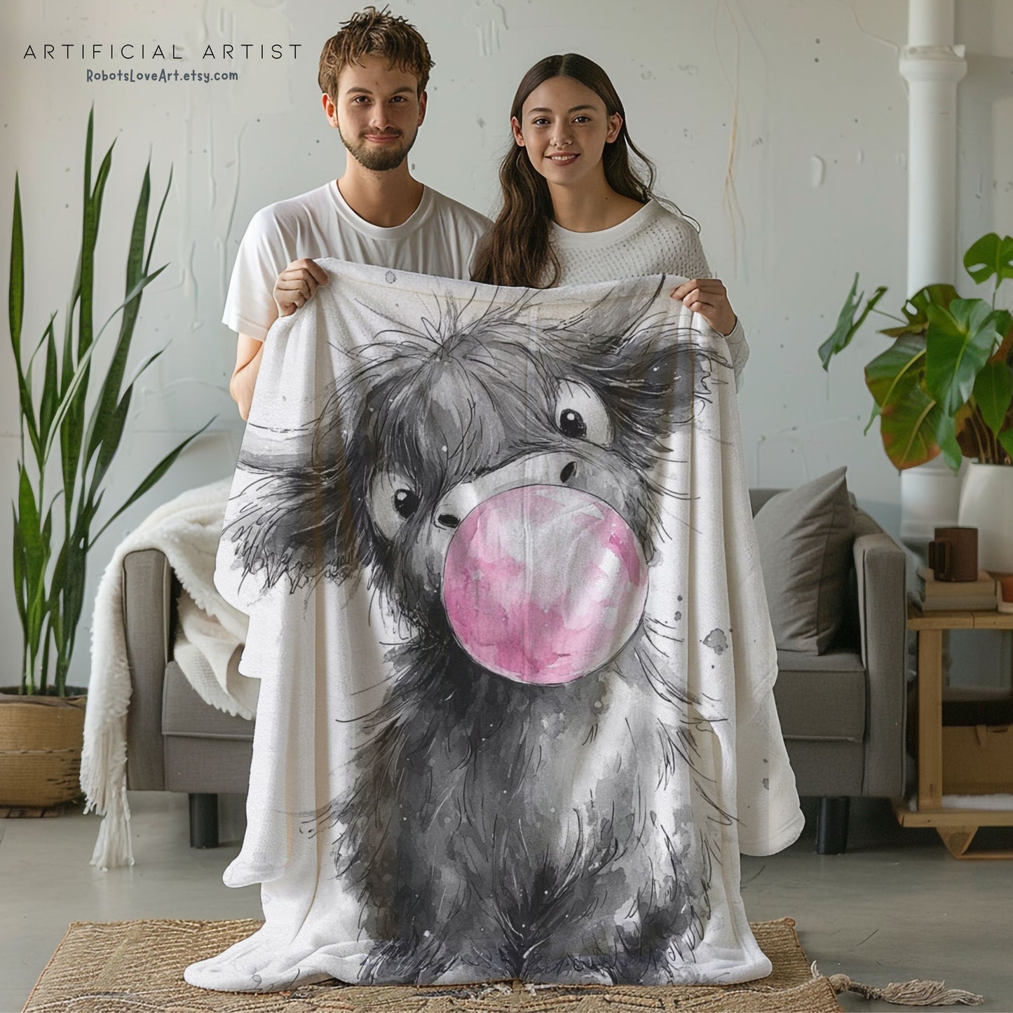 Adorable Baby Highland Cow Bubblegum Velveteen Throw Blanket
