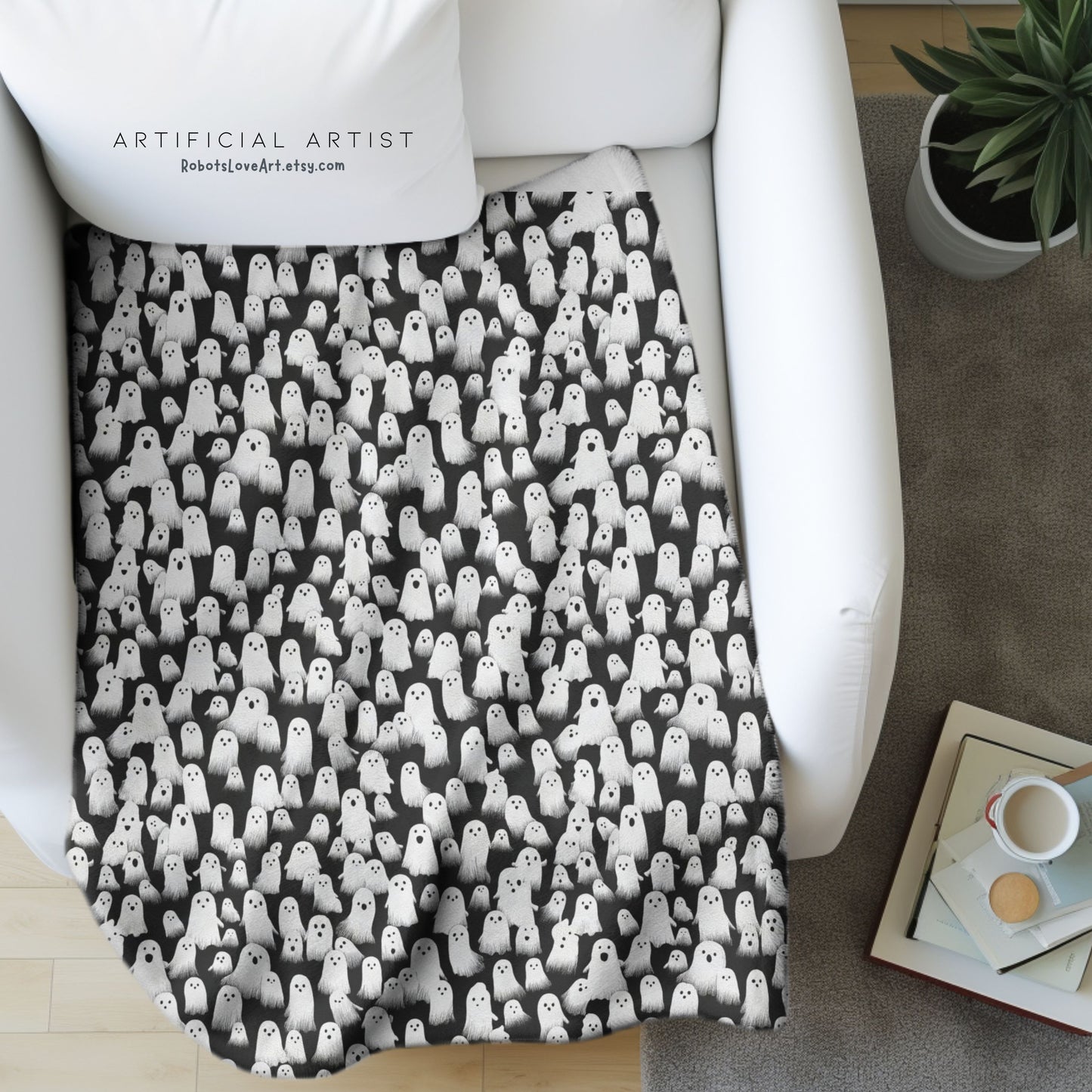 Ghostly Velveteen Plush Blanket for Cozy Nights, Halloween Decor, Gift Idea, Soft Throw Blanket, Living Room Accessory