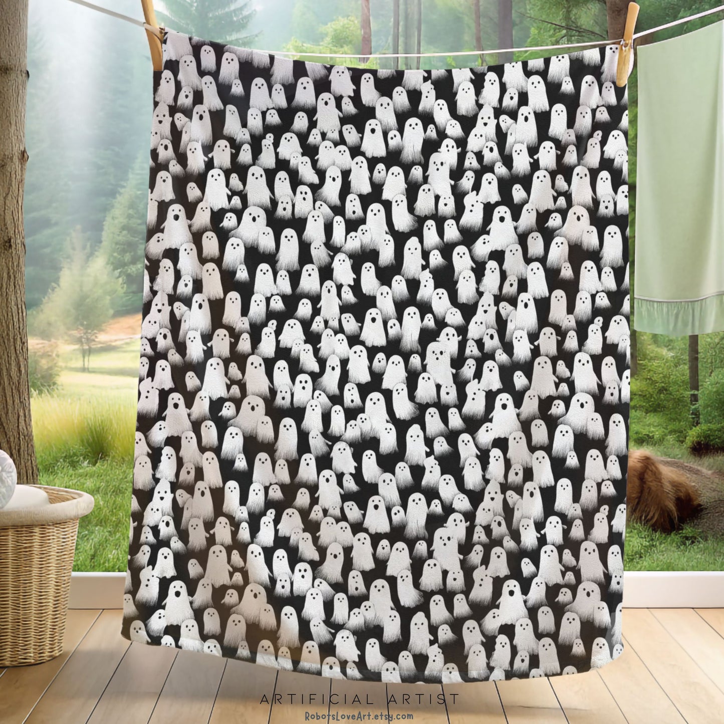 Ghostly Velveteen Plush Blanket for Cozy Nights, Halloween Decor, Gift Idea, Soft Throw Blanket, Living Room Accessory