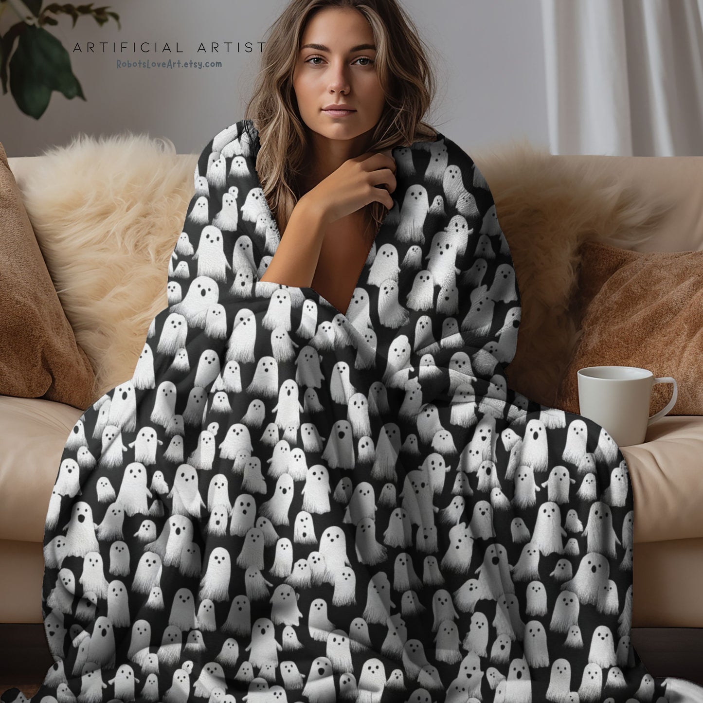 Ghostly Velveteen Plush Blanket for Cozy Nights, Halloween Decor, Gift Idea, Soft Throw Blanket, Living Room Accessory