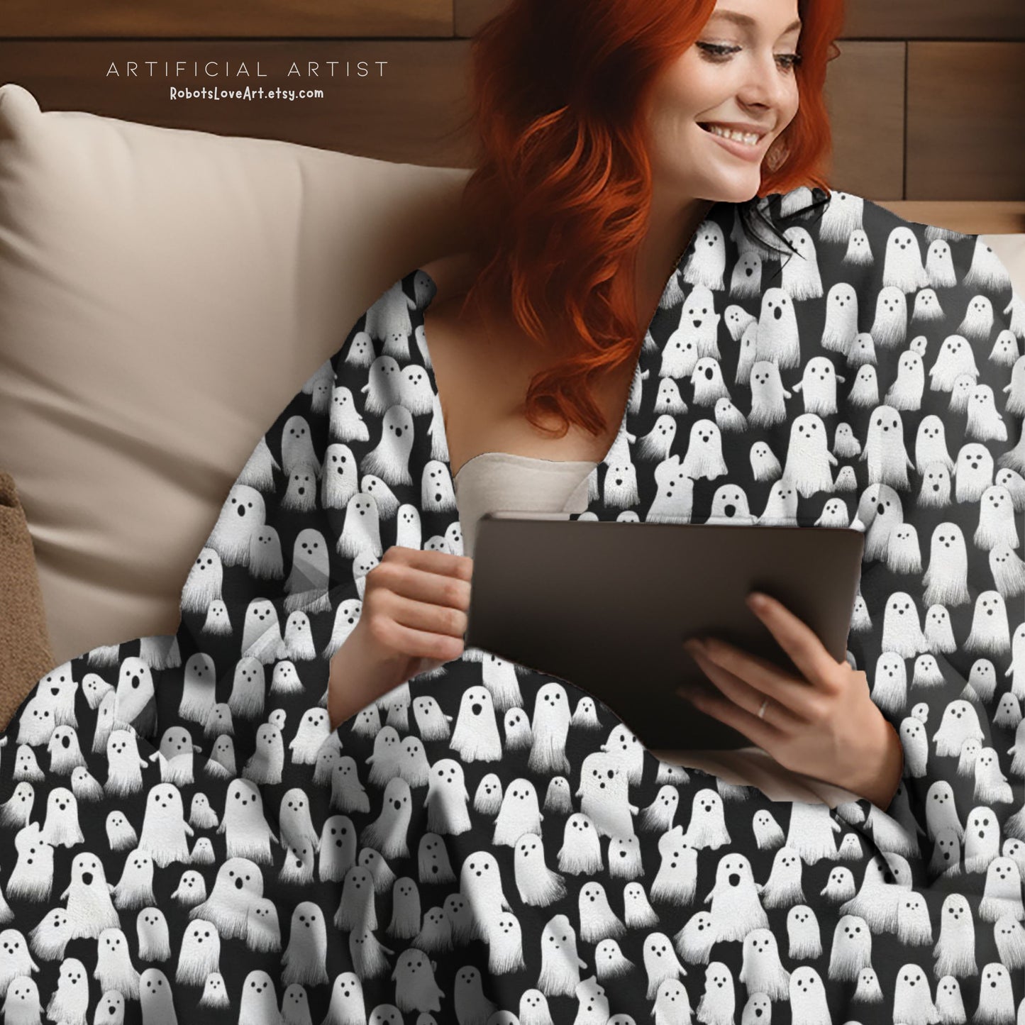 Ghostly Velveteen Plush Blanket for Cozy Nights, Halloween Decor, Gift Idea, Soft Throw Blanket, Living Room Accessory