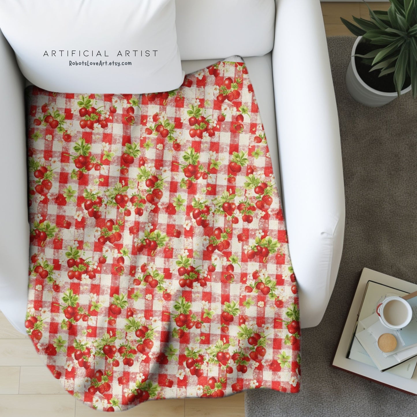 Cozy Strawberry Picnic Velveteen Plush Blanket, Soft Throw Blanket, Home Decor, Gift for All Occasions, Cozy Living Room Accessory