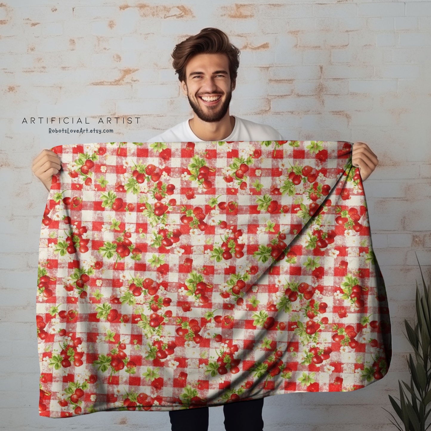 Cozy Strawberry Picnic Velveteen Plush Blanket, Soft Throw Blanket, Home Decor, Gift for All Occasions, Cozy Living Room Accessory