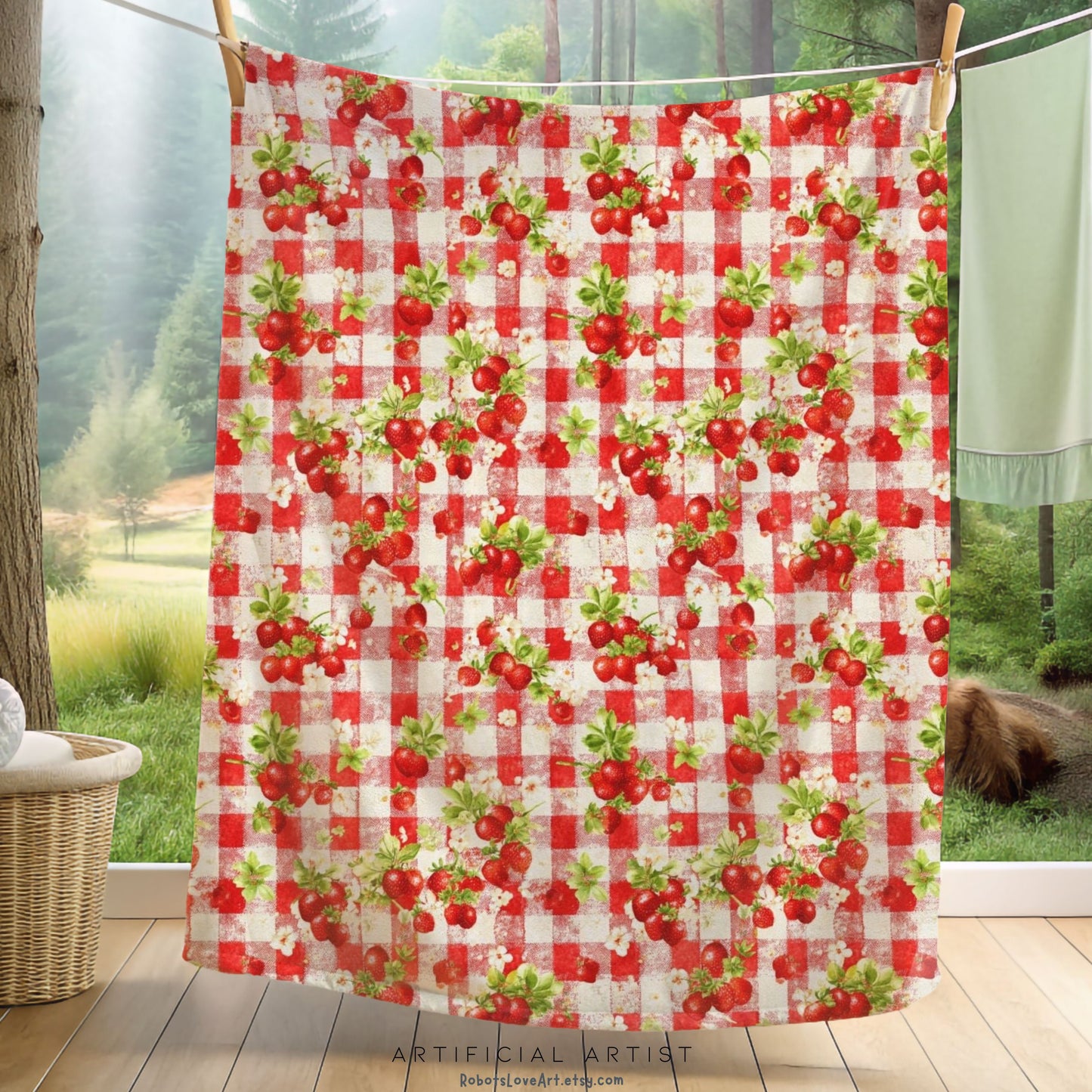 Cozy Strawberry Picnic Velveteen Plush Blanket, Soft Throw Blanket, Home Decor, Gift for All Occasions, Cozy Living Room Accessory