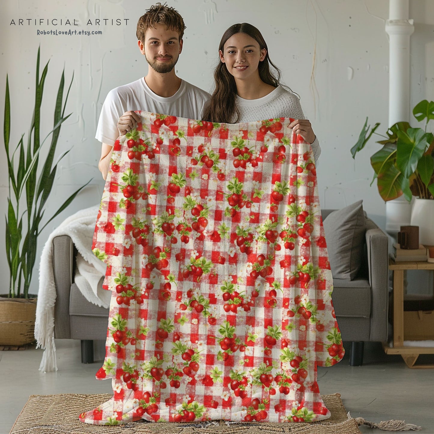Cozy Strawberry Picnic Velveteen Plush Blanket, Soft Throw Blanket, Home Decor, Gift for All Occasions, Cozy Living Room Accessory