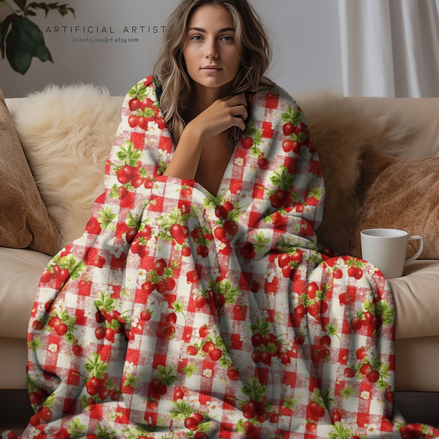 Cozy Strawberry Picnic Velveteen Plush Blanket, Soft Throw Blanket, Home Decor, Gift for All Occasions, Cozy Living Room Accessory