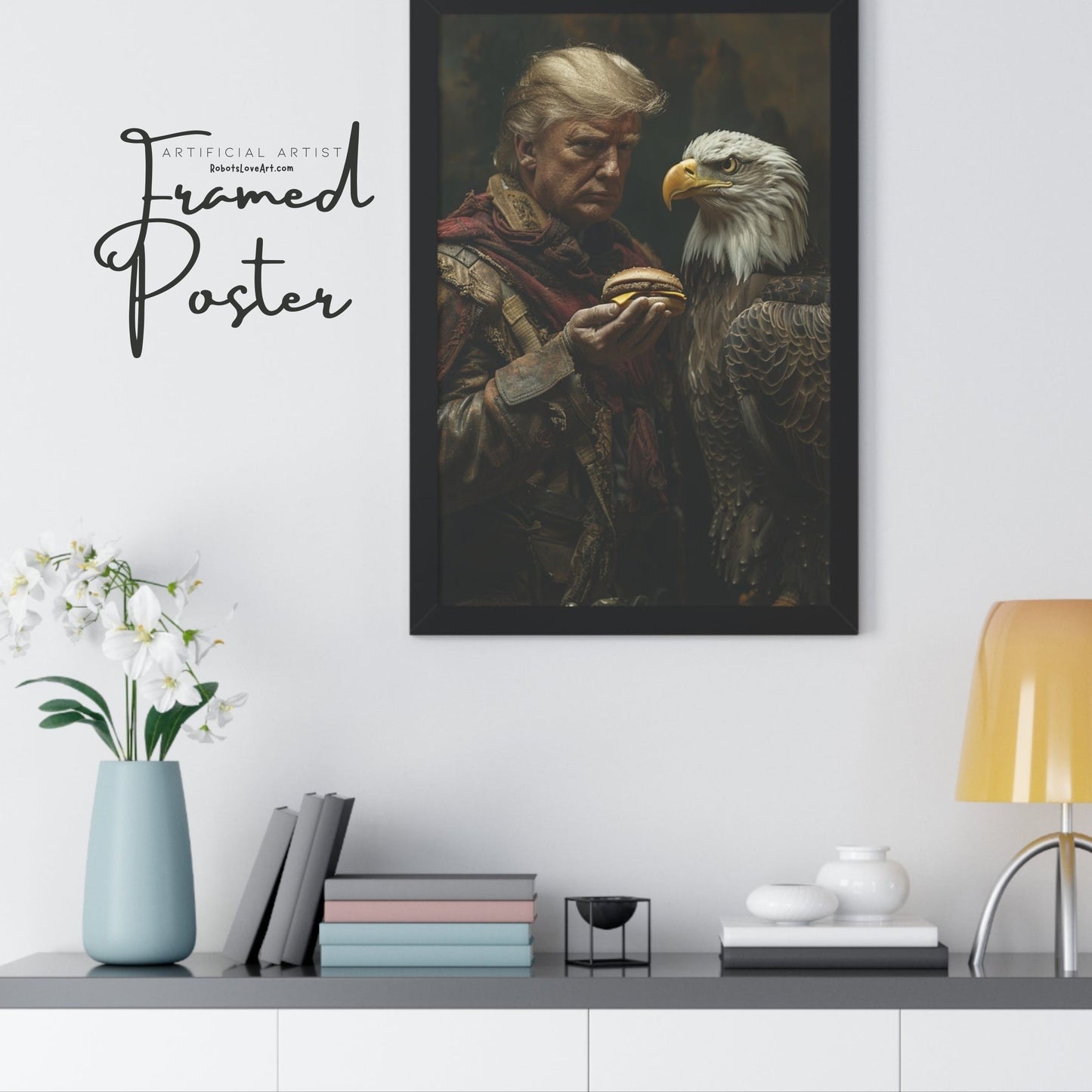 Donald Trump Framed Vertical Poster - Patriotic Wall Art, American Decor, Unique Gift, Home Office Decor, Eagle & Burger Design