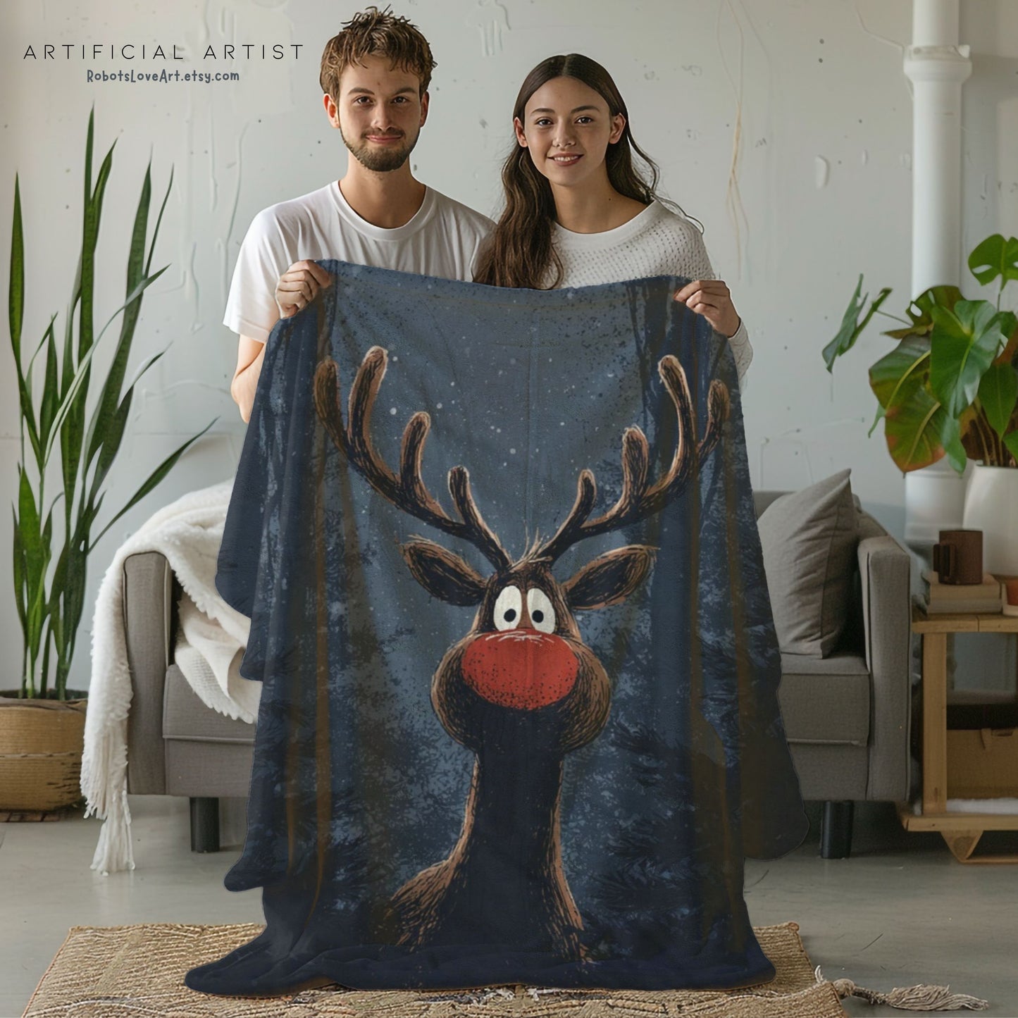 Cozy Holiday Rudolf Plaid Velveteen Plush Blanket, Perfect Gift for Christmas