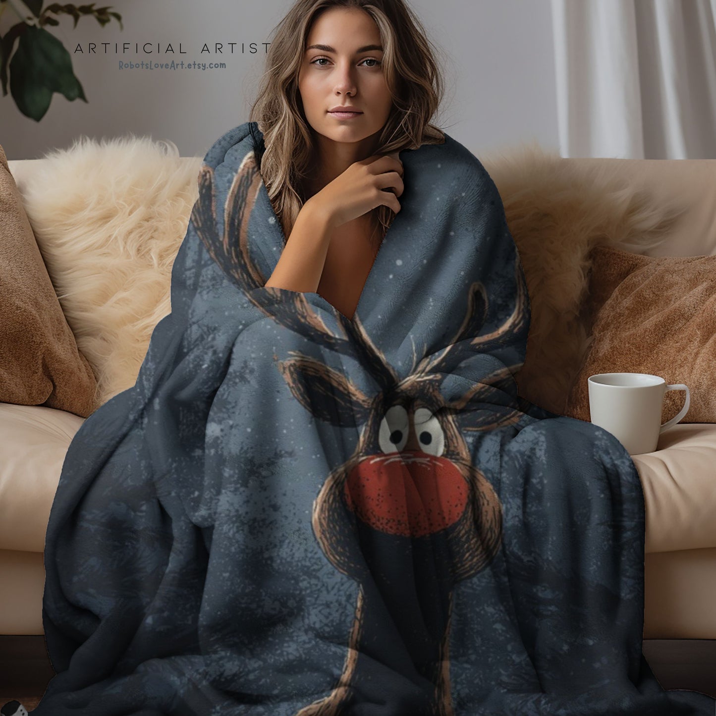 Cozy Holiday Rudolf Plaid Velveteen Plush Blanket, Perfect Gift for Christmas