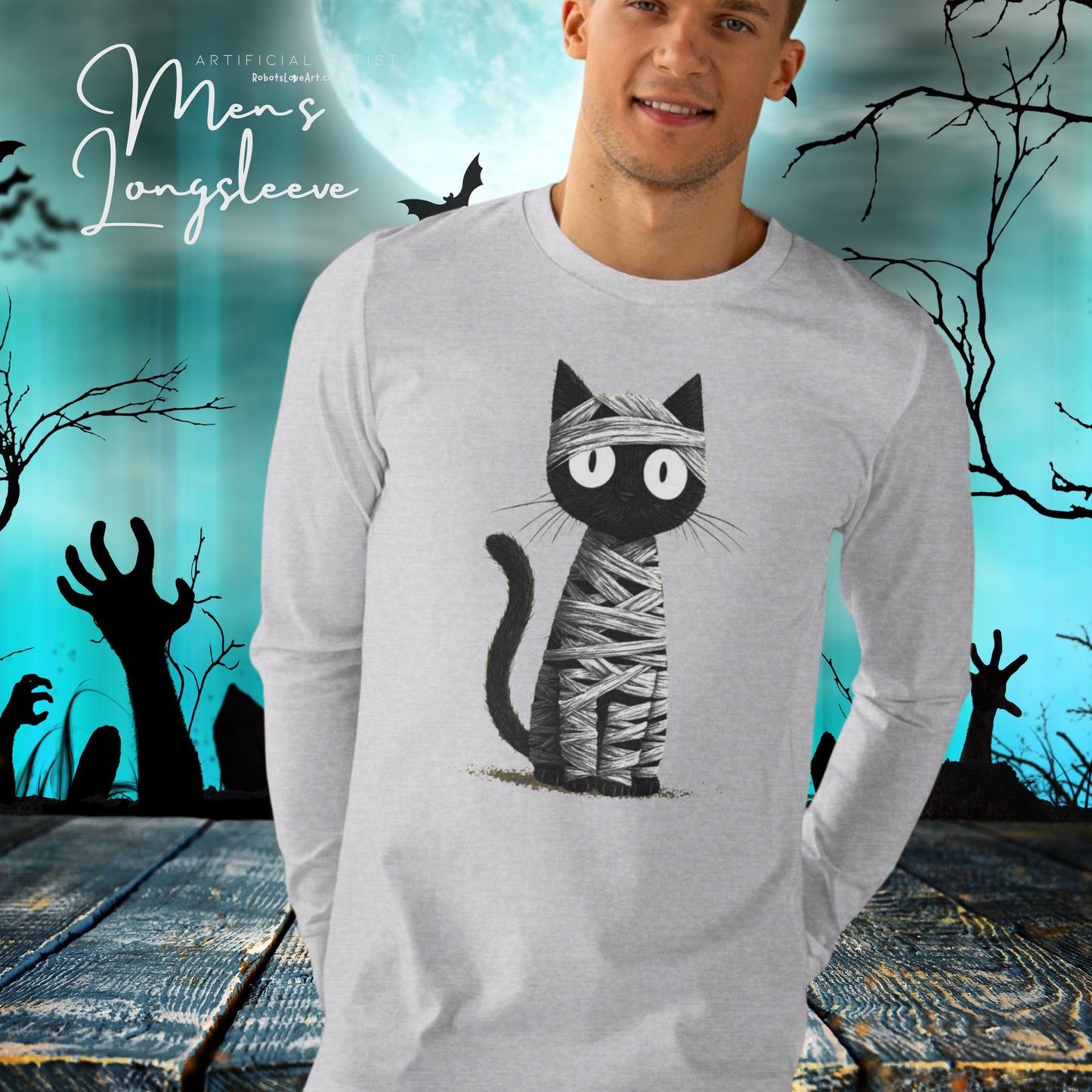 Men’s Cat Mummy Longsleeve Tee, Fun Halloween Shirt, Cat Lover Gift, Cozy Fall Fashion, Unique Graphic Tee