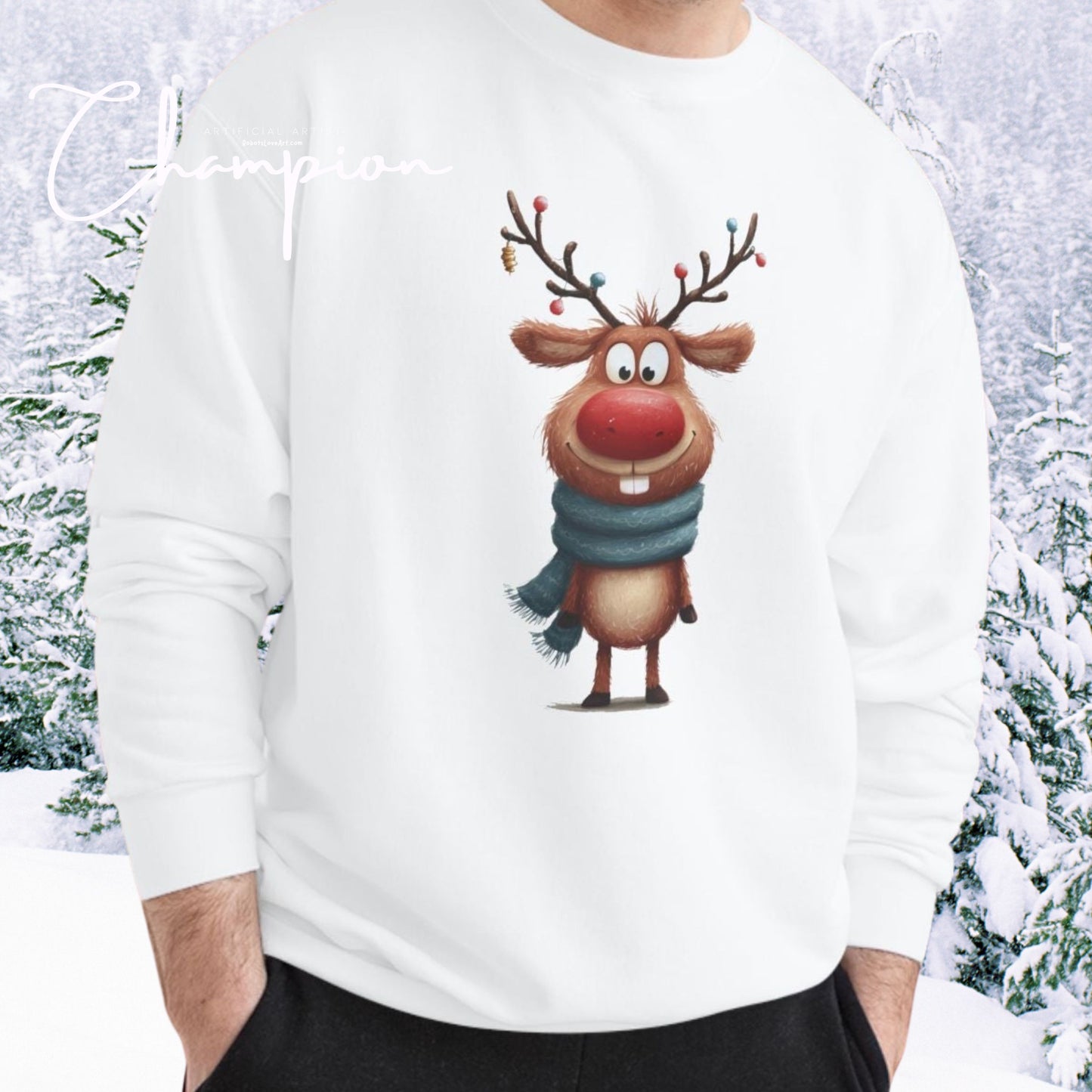 Reindeer Champion Sweatshirt, Cozy Holiday Apparel, Cute Christmas Gift