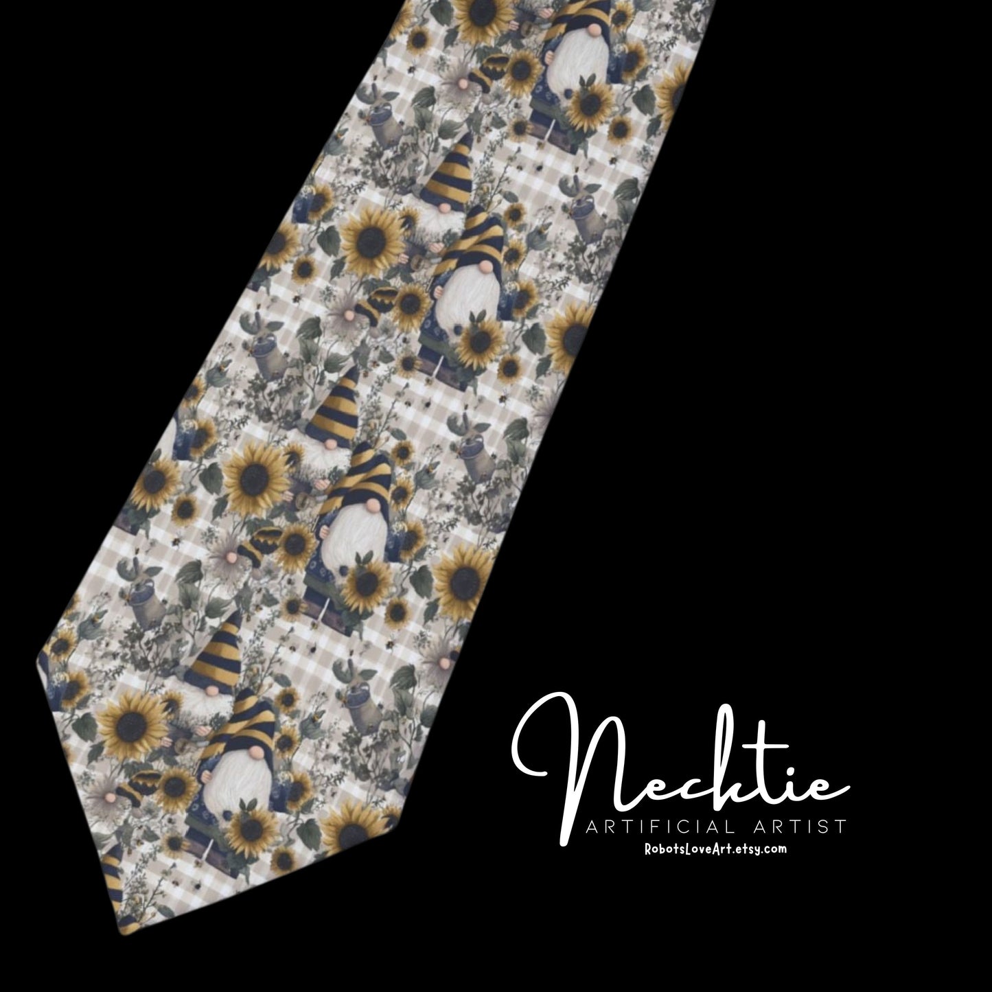 Gnome Floral Necktie, Cottagecore Tie, Unique Gift for Him, Formal Accessories, Sunflower Halloween Tie