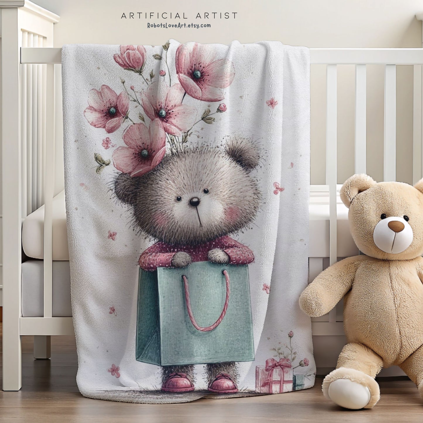 Adorable Floral Teddy Bear Velveteen Plush Blanket, Cozy Gift for Kids, Nursery Decor, Plush Throw, Baby Shower, Birthday
