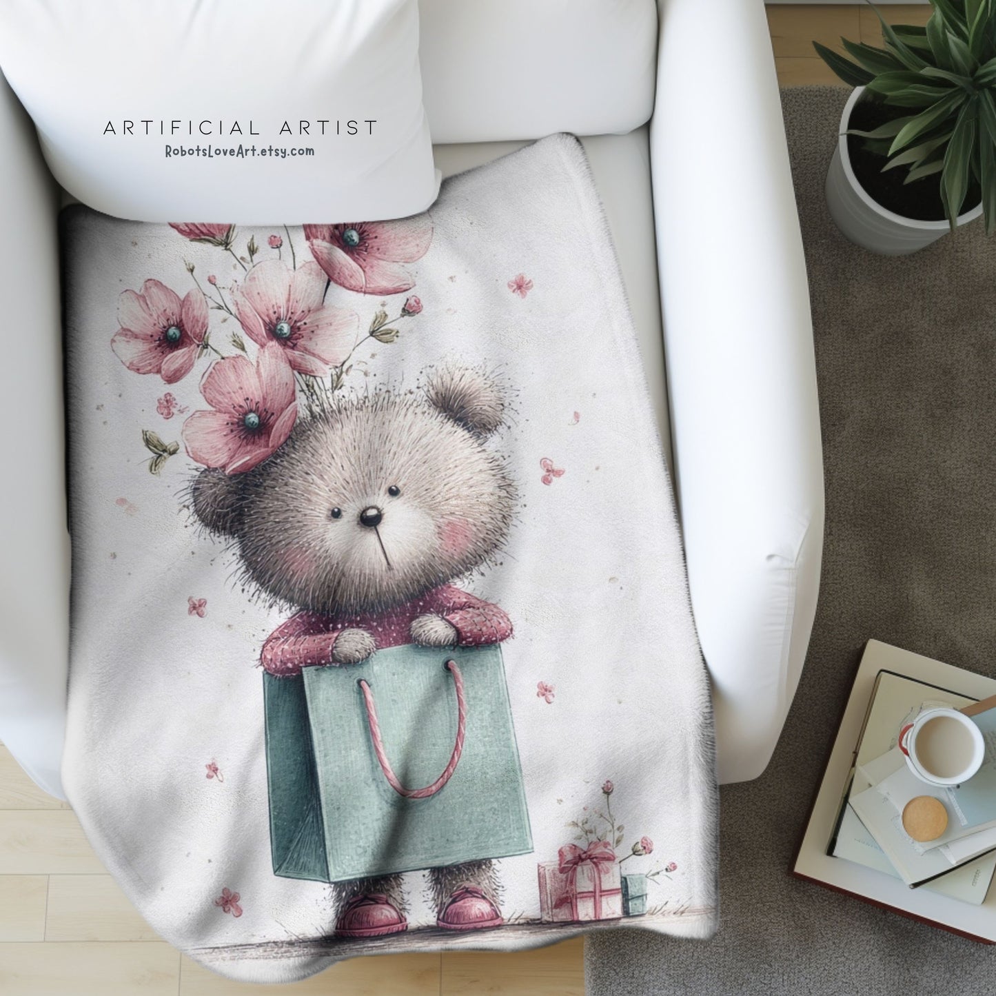 Adorable Floral Teddy Bear Velveteen Plush Blanket, Cozy Gift for Kids, Nursery Decor, Plush Throw, Baby Shower, Birthday