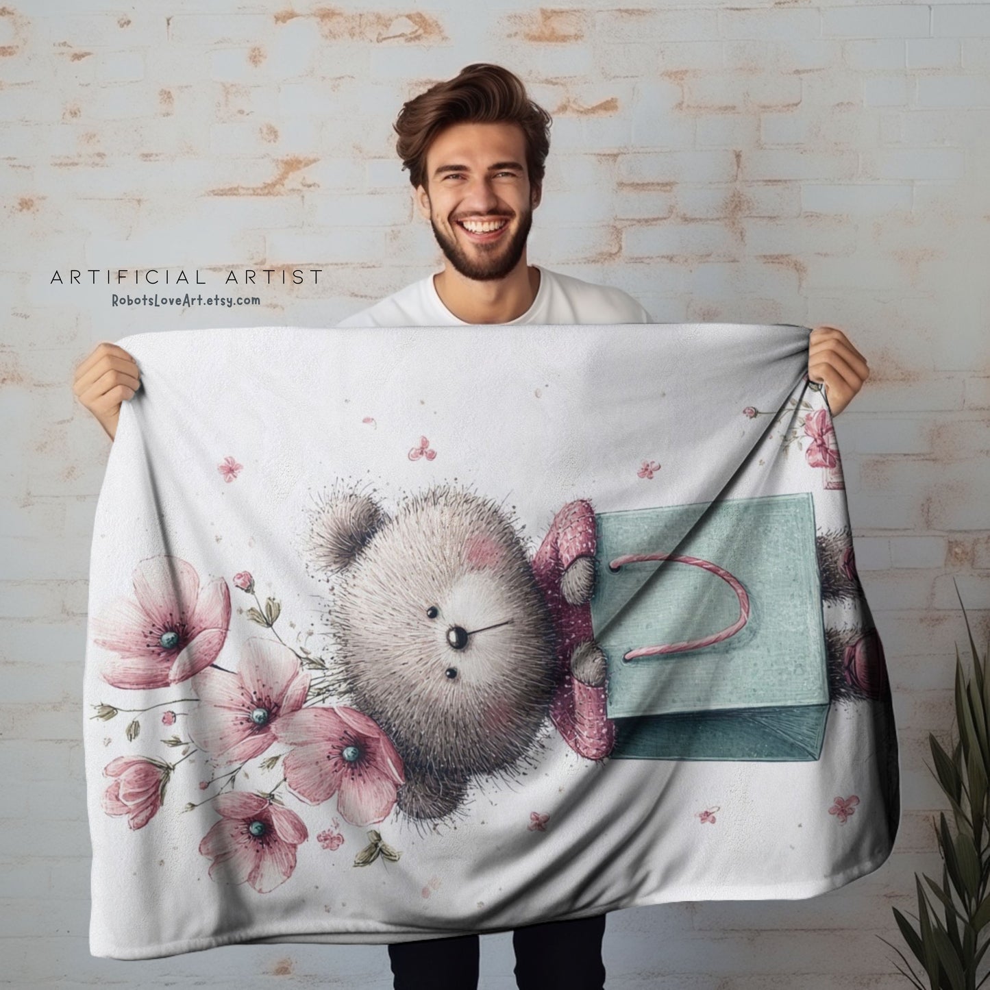 Adorable Floral Teddy Bear Velveteen Plush Blanket, Cozy Gift for Kids, Nursery Decor, Plush Throw, Baby Shower, Birthday