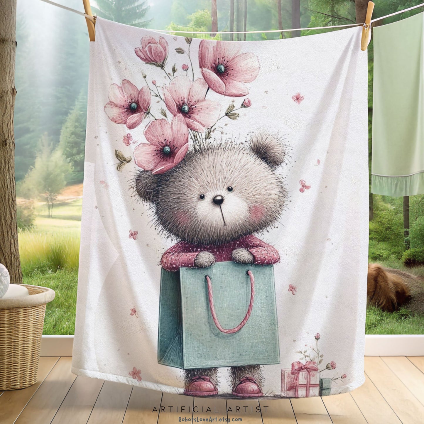 Adorable Floral Teddy Bear Velveteen Plush Blanket, Cozy Gift for Kids, Nursery Decor, Plush Throw, Baby Shower, Birthday