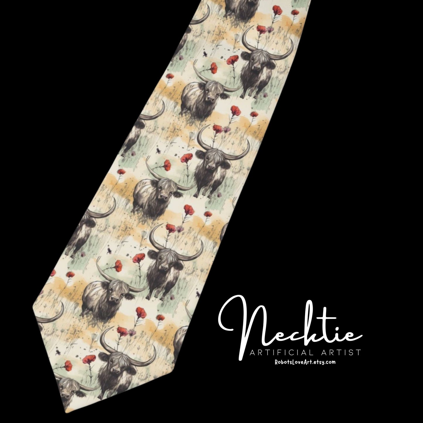 Grunge Colors Short Legged Highland Cow Print Necktie, Gift for Scottish Cow Lovers, Homestead Print