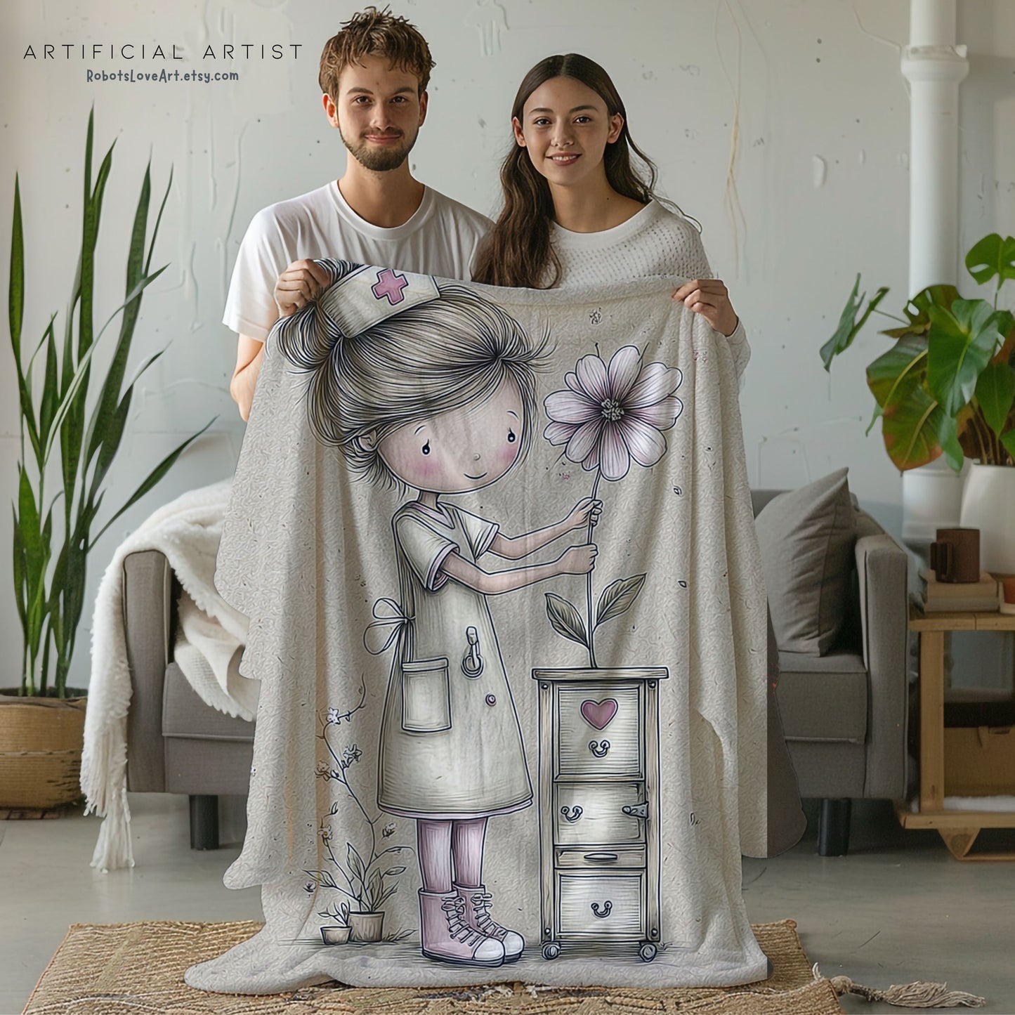 Nurse Floral Velveteen Plush Blanket, Cozy Throw for Healthcare Workers, Gift for Nurses, Relaxation Home Decor, Soft Bedding Accents