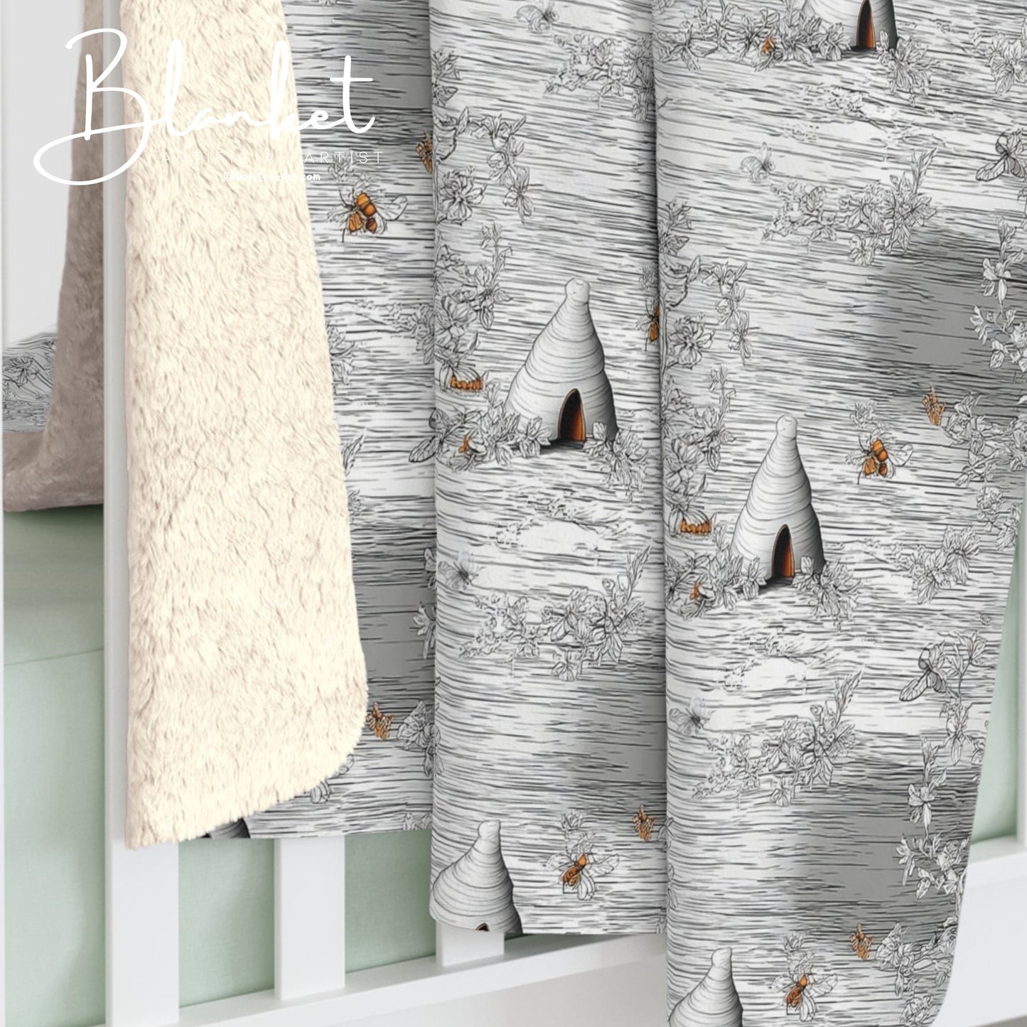 Line Art Bee Hives Sherpa Fleece Blanket, Winter Decor, Hygge Gift, Camping Essential, Gift for Him/Her