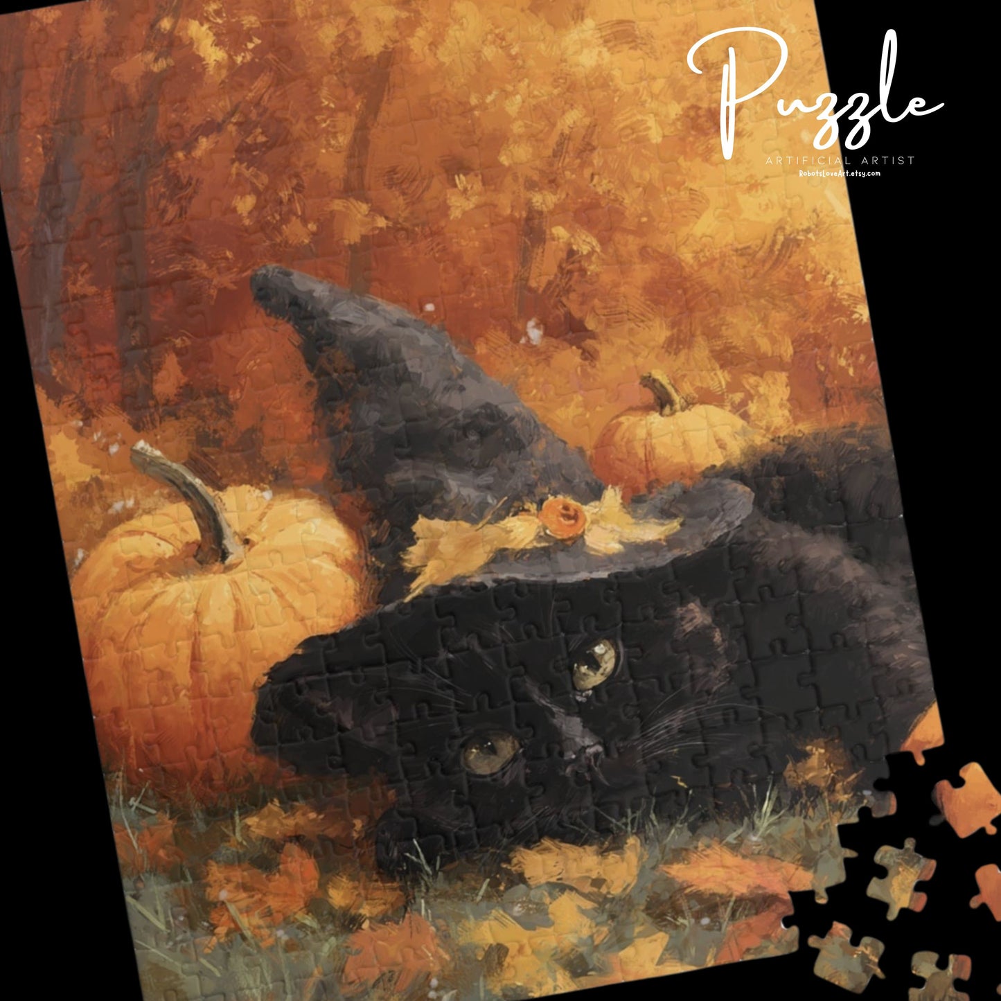 Whimsical Halloween Cat Puzzle - Fall Decor, Gift for Kids, Halloween Activity, Family Fun, Autumn Home Decor