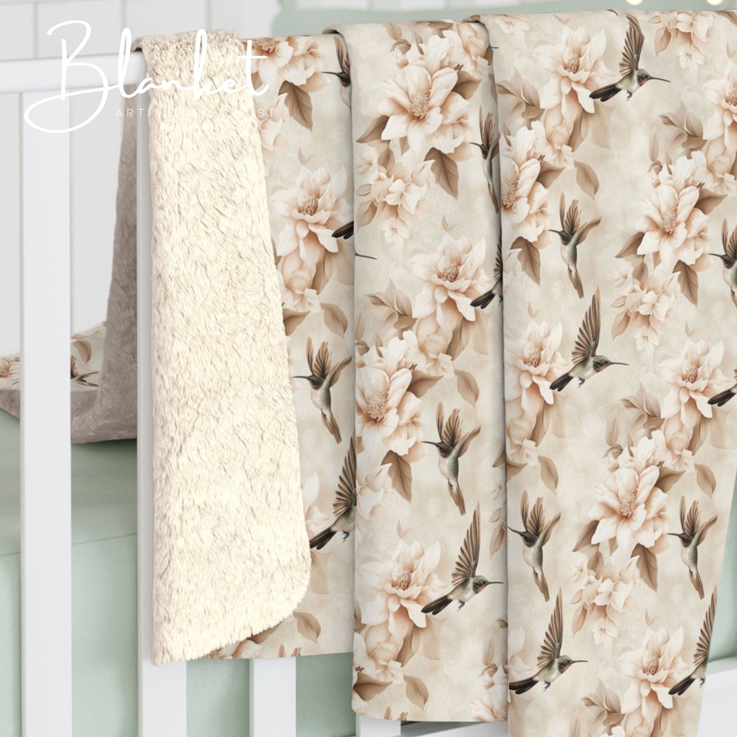 Sherpa Fleece Blanket - Ivory Hummingbirds
