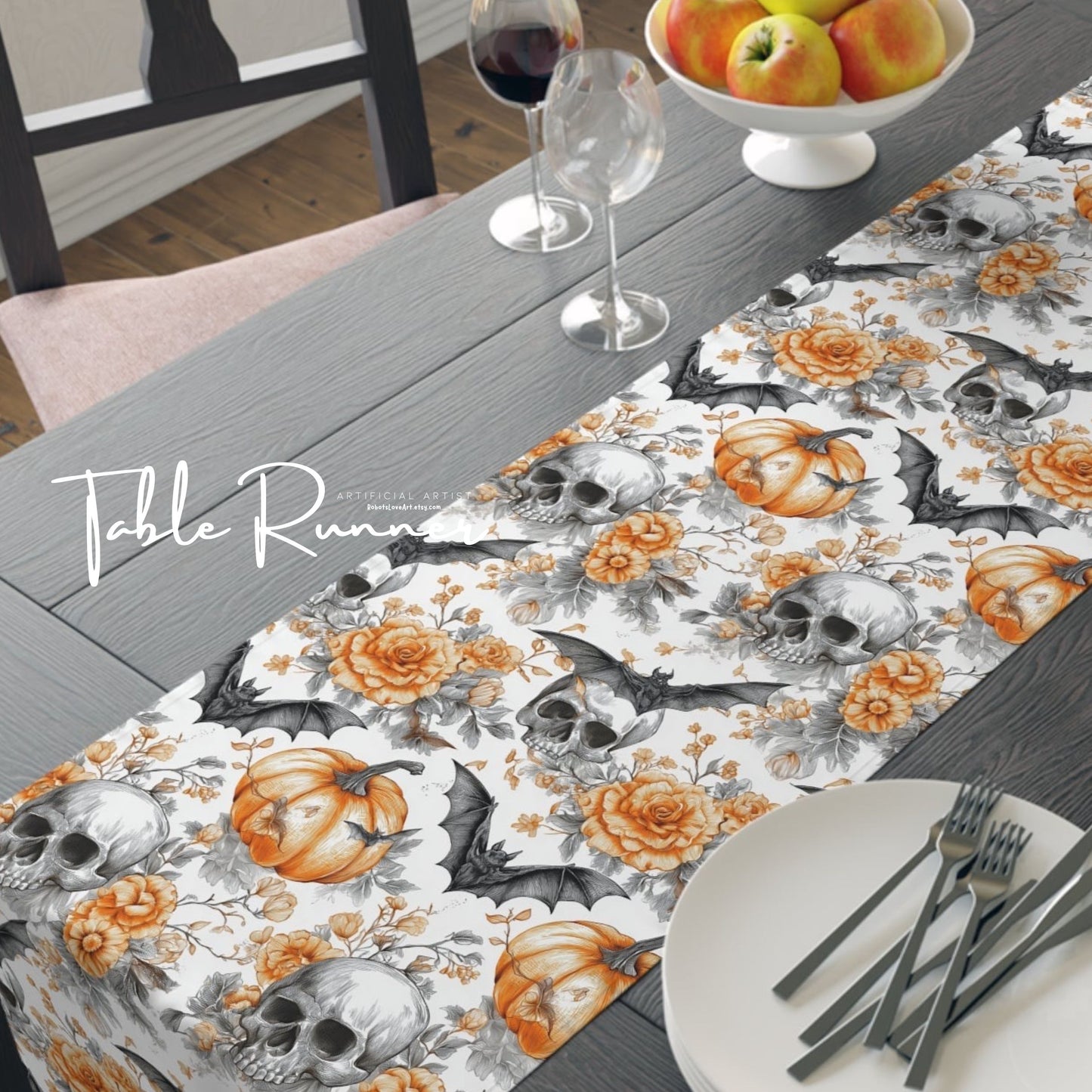Halloween Themed Table Runner, Spooky Decor for Fall, Gothic Home Accents, Pumpkin and Skull Design, Perfect for Parties