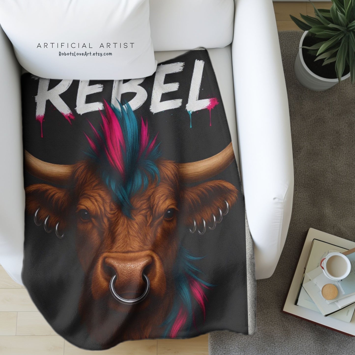Rebel Cow Velveteen Plush Blanket, Cozy Throw for Animal Lovers, Unique Home Decor, Gift for Him/Her, Cow Decor