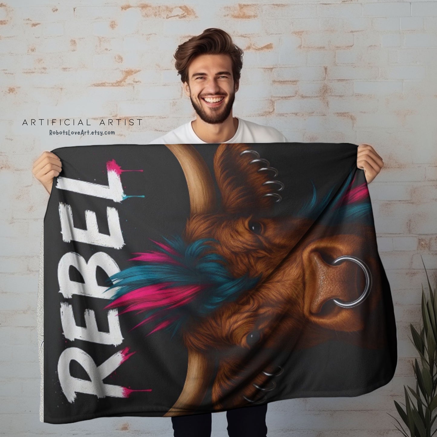 Rebel Cow Velveteen Plush Blanket, Cozy Throw for Animal Lovers, Unique Home Decor, Gift for Him/Her, Cow Decor