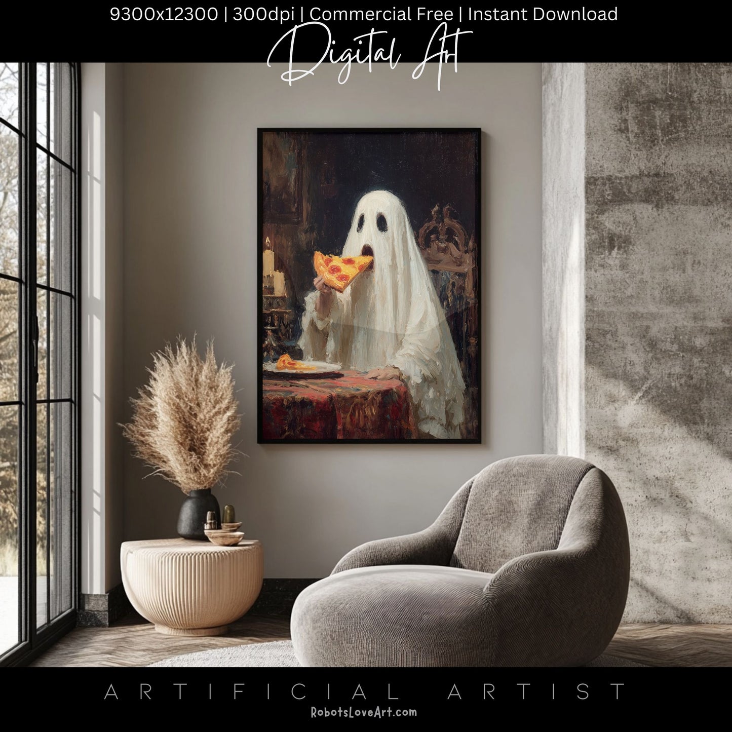 Ghost Pizza | Instant Download | Digital AI Art | Halloween Decor