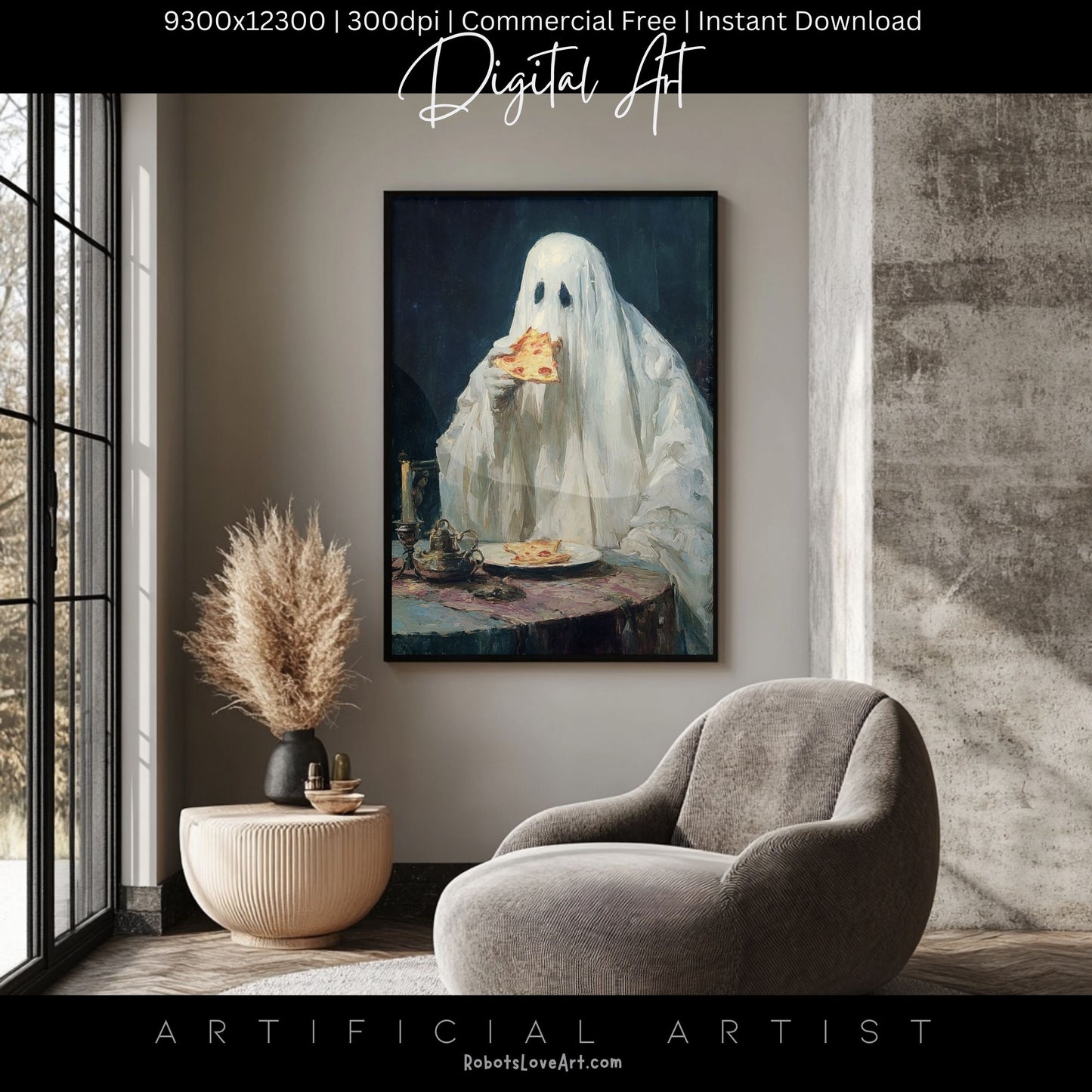 Ghost Pizza | Instant Download | Digital AI Art | Halloween Decor