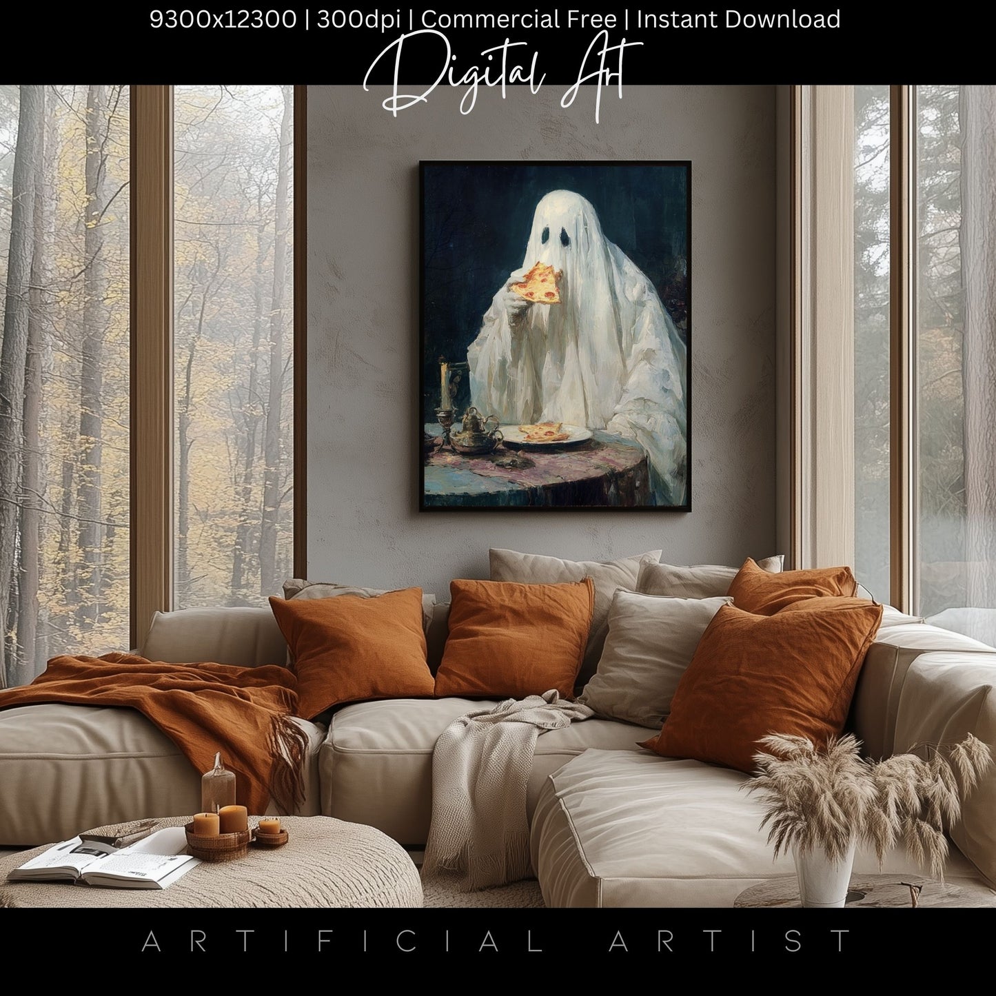 Ghost Pizza | Instant Download | Digital AI Art | Halloween Decor