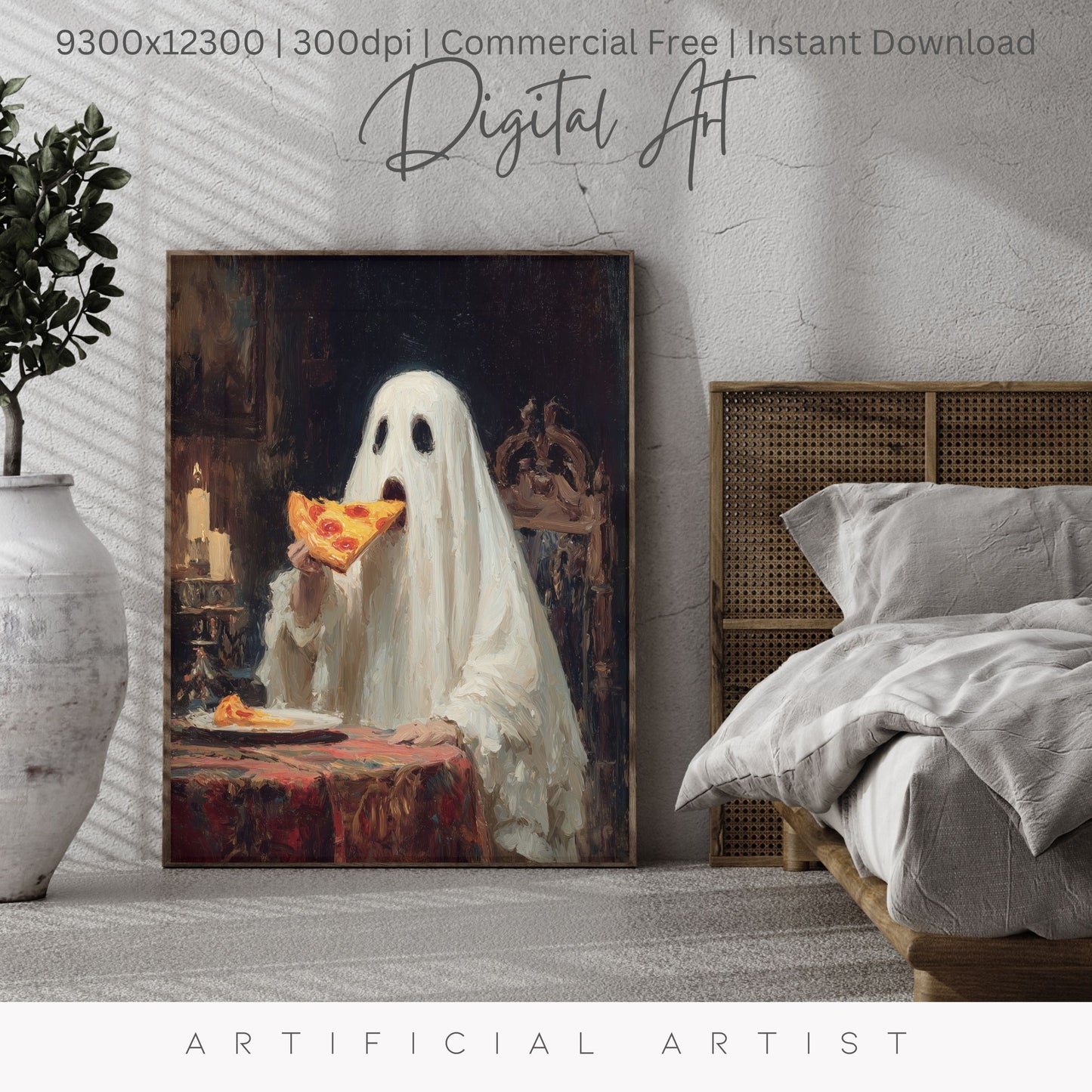 Ghost Pizza | Instant Download | Digital AI Art | Halloween Decor
