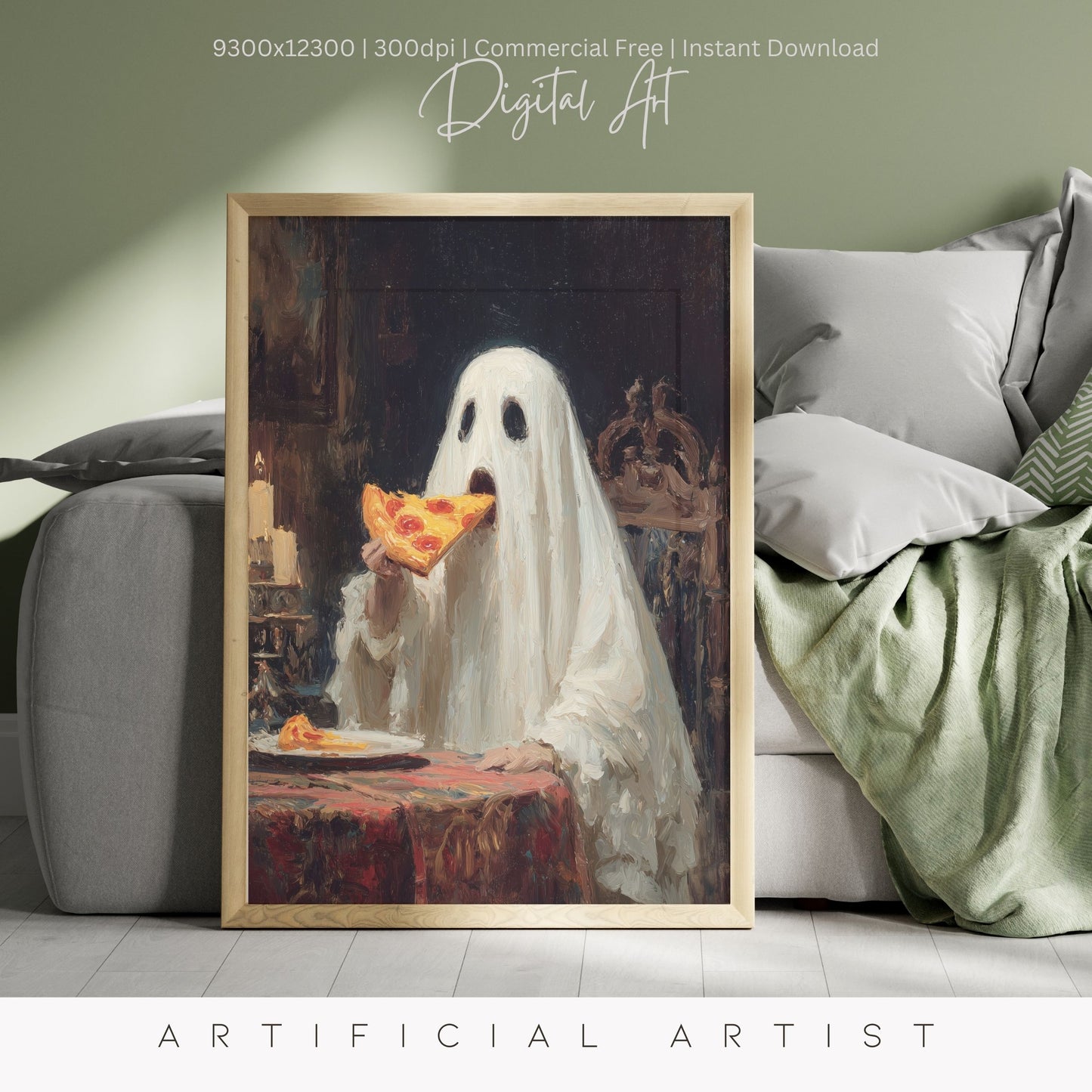 Ghost Pizza | Instant Download | Digital AI Art | Halloween Decor
