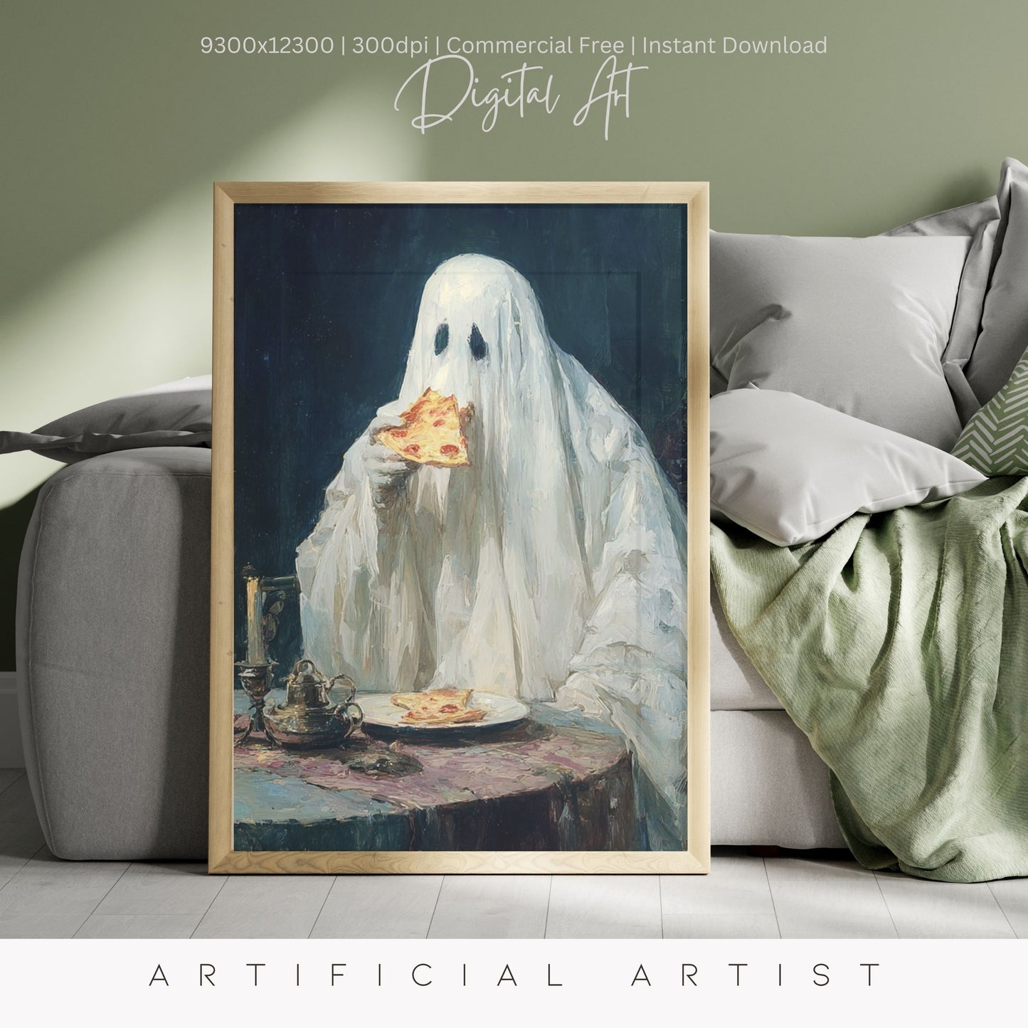 Ghost Pizza | Instant Download | Digital AI Art | Halloween Decor