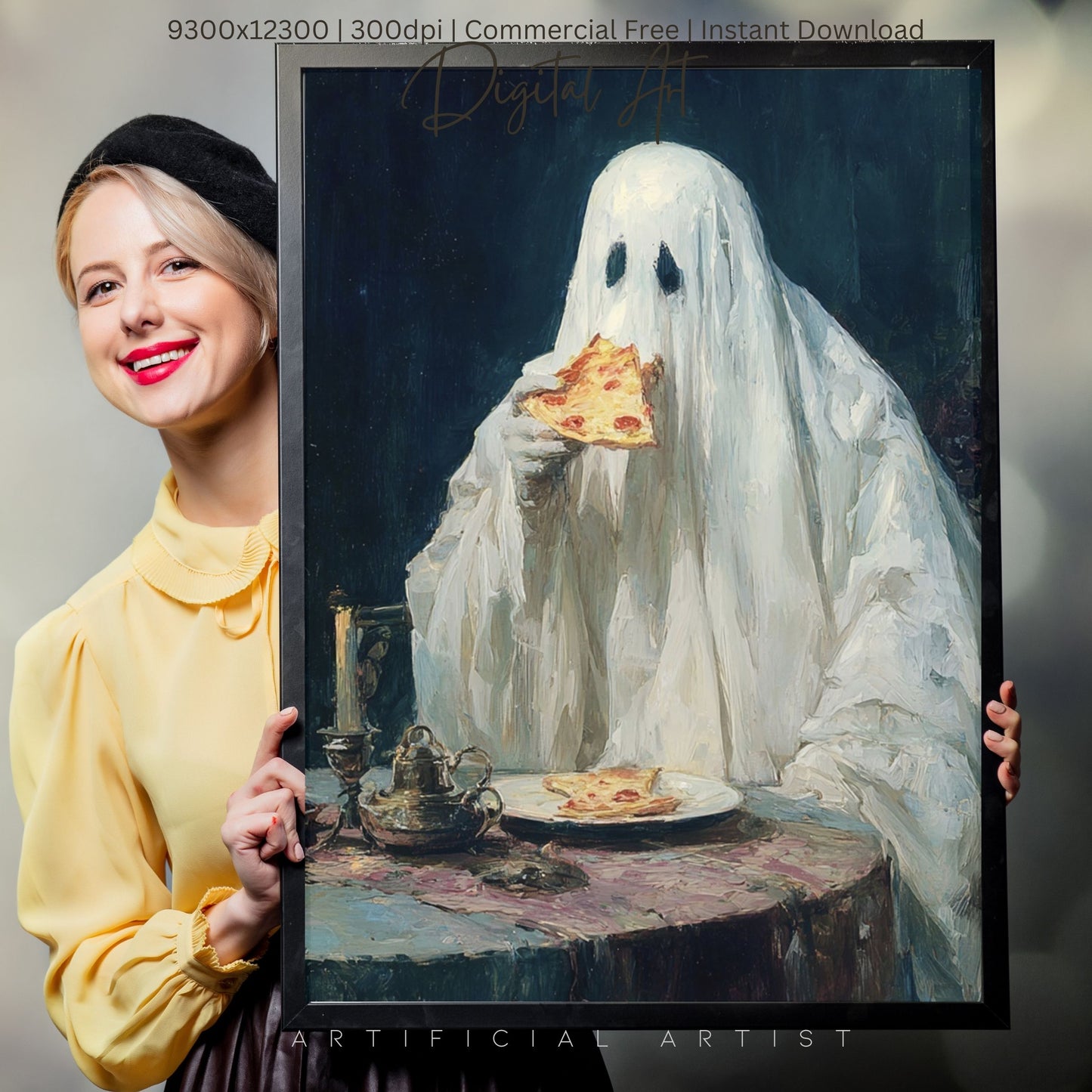 Ghost Pizza | Instant Download | Digital AI Art | Halloween Decor