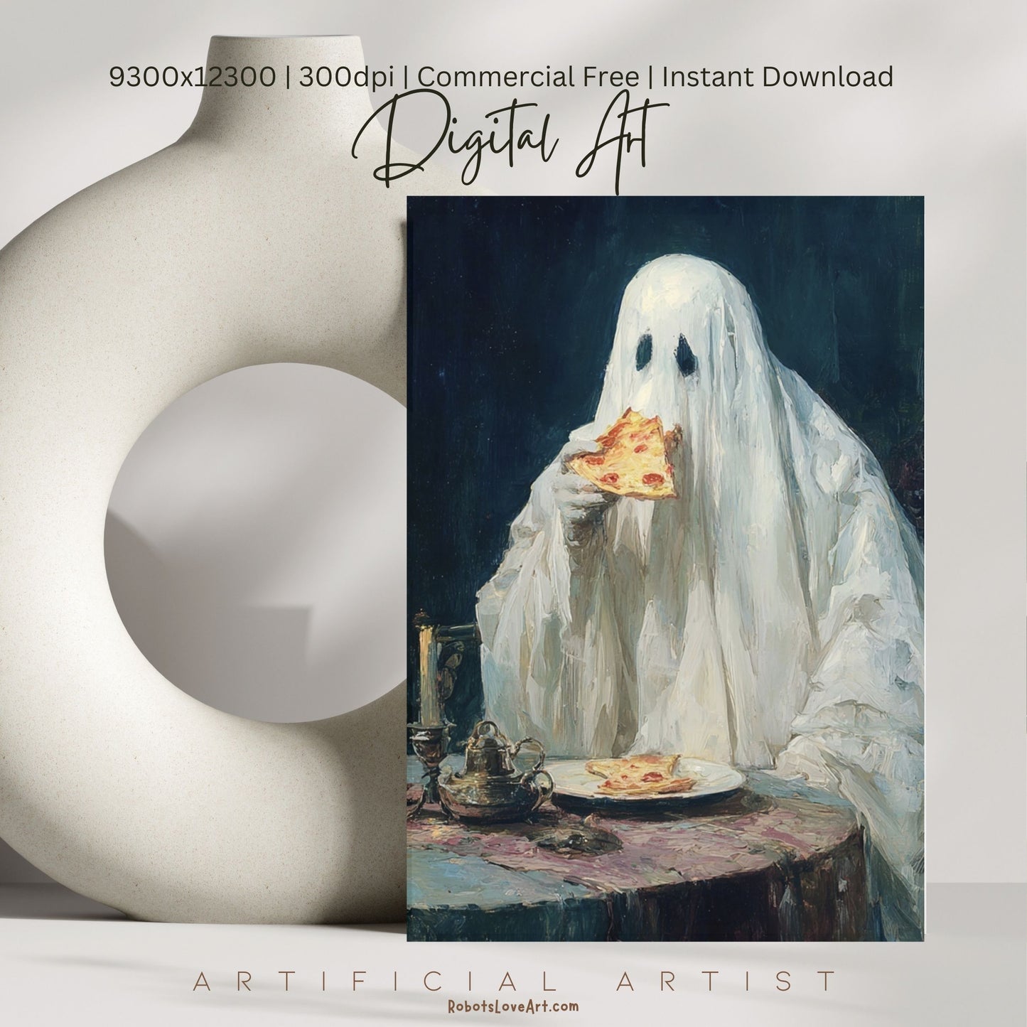 Ghost Pizza | Instant Download | Digital AI Art | Halloween Decor