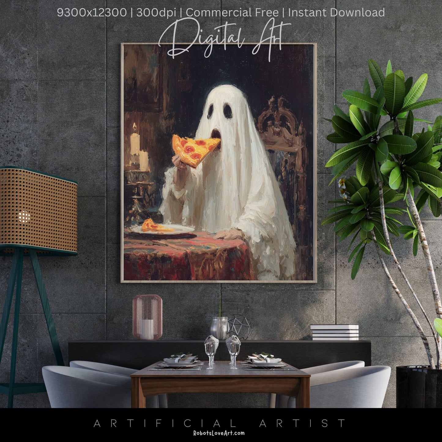 Ghost Pizza | Instant Download | Digital AI Art | Halloween Decor