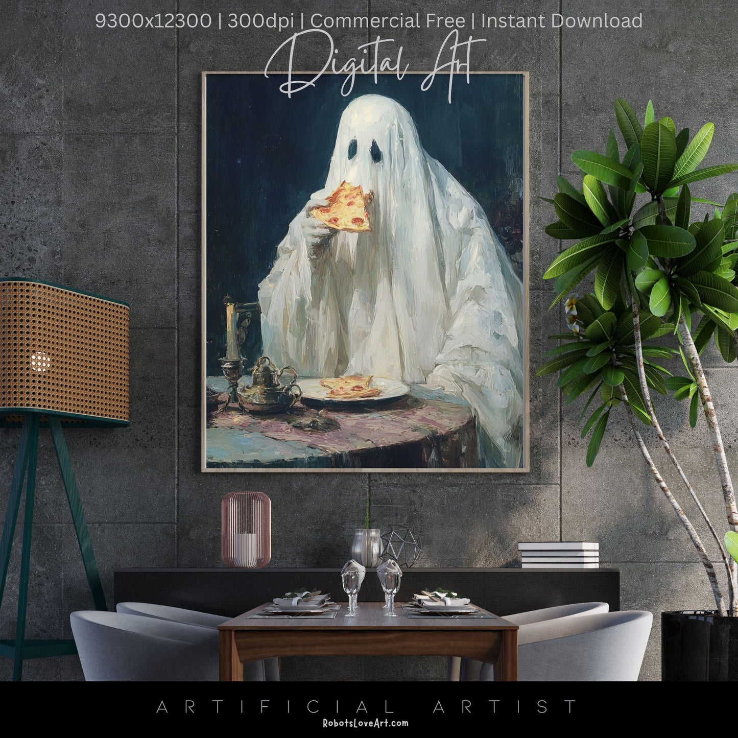 Ghost Pizza | Instant Download | Digital AI Art | Halloween Decor