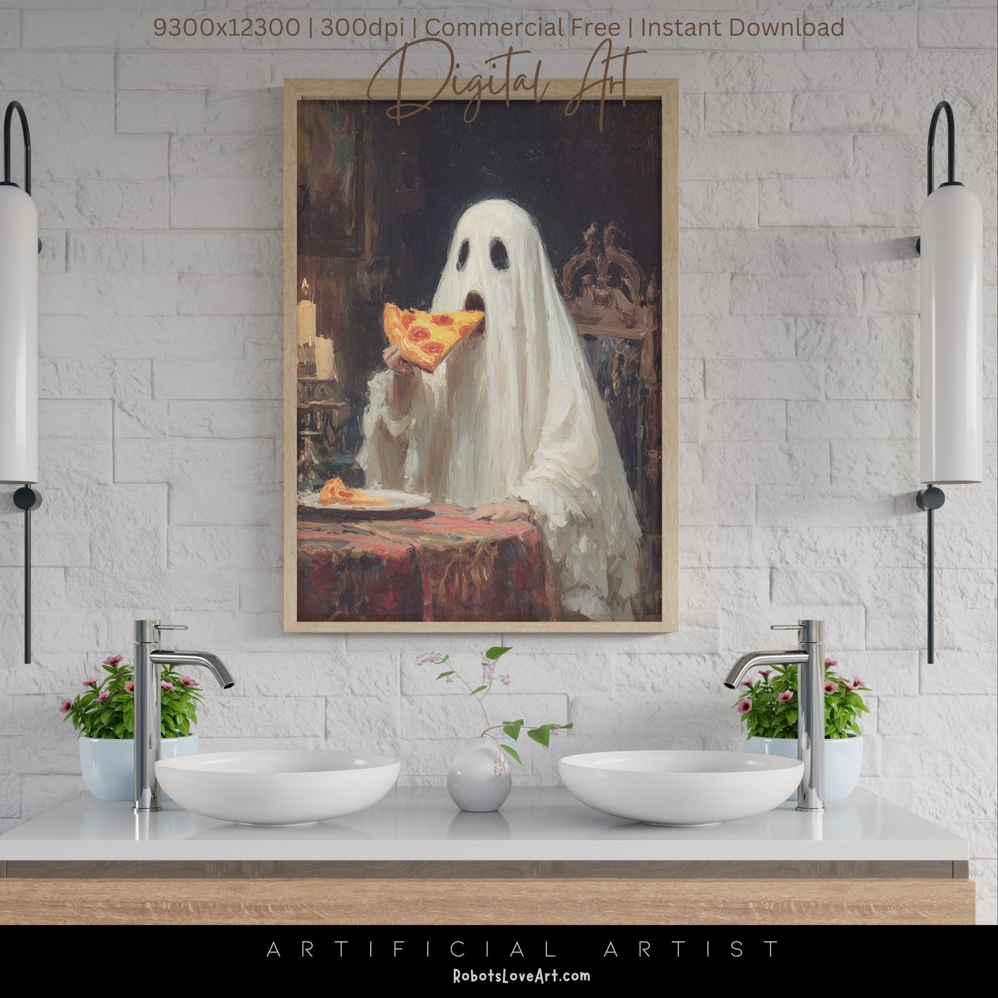 Ghost Pizza | Instant Download | Digital AI Art | Halloween Decor