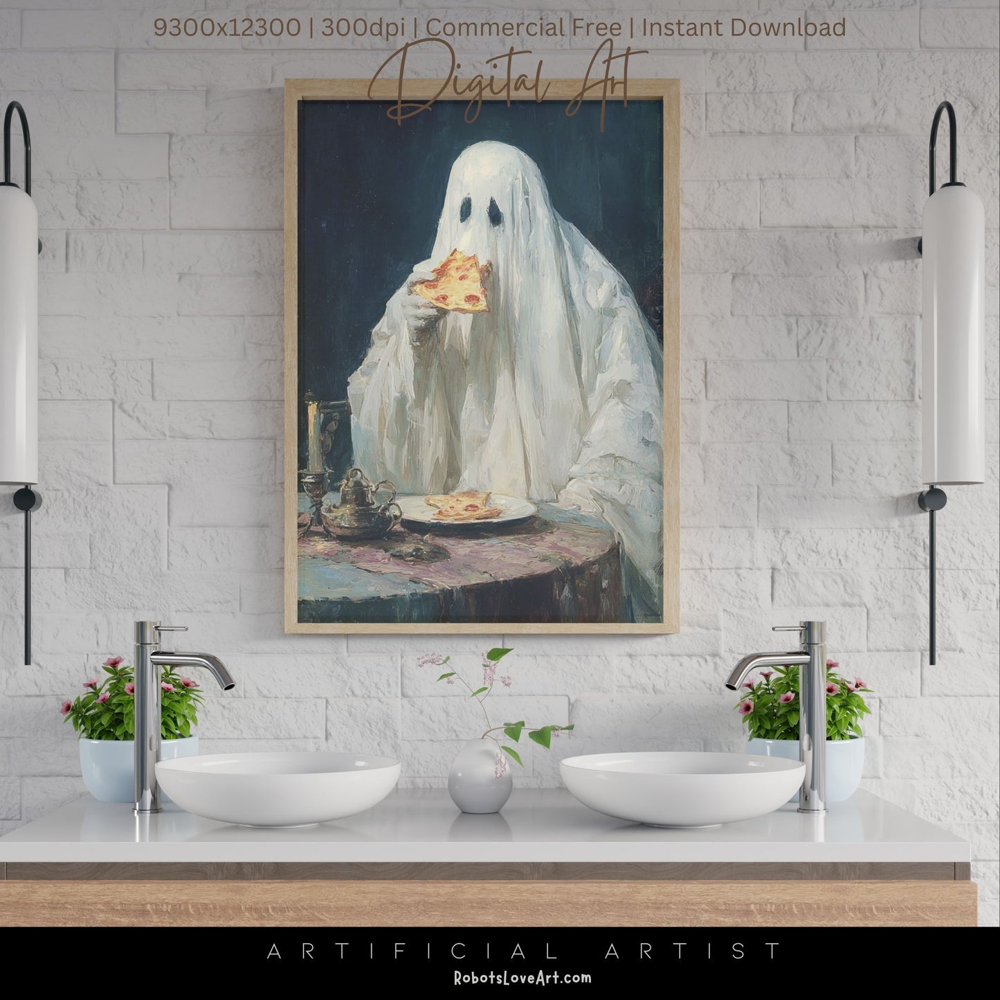 Ghost Pizza | Instant Download | Digital AI Art | Halloween Decor