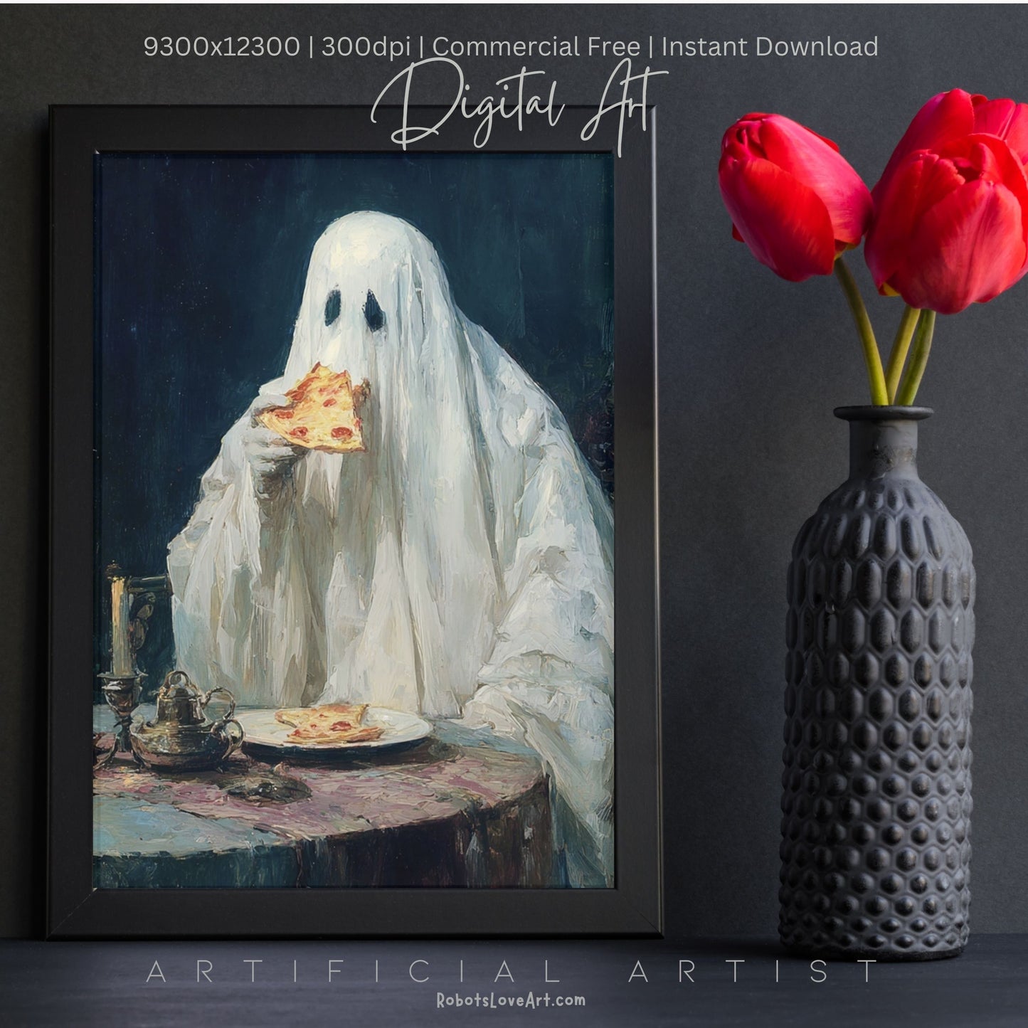 Ghost Pizza | Instant Download | Digital AI Art | Halloween Decor