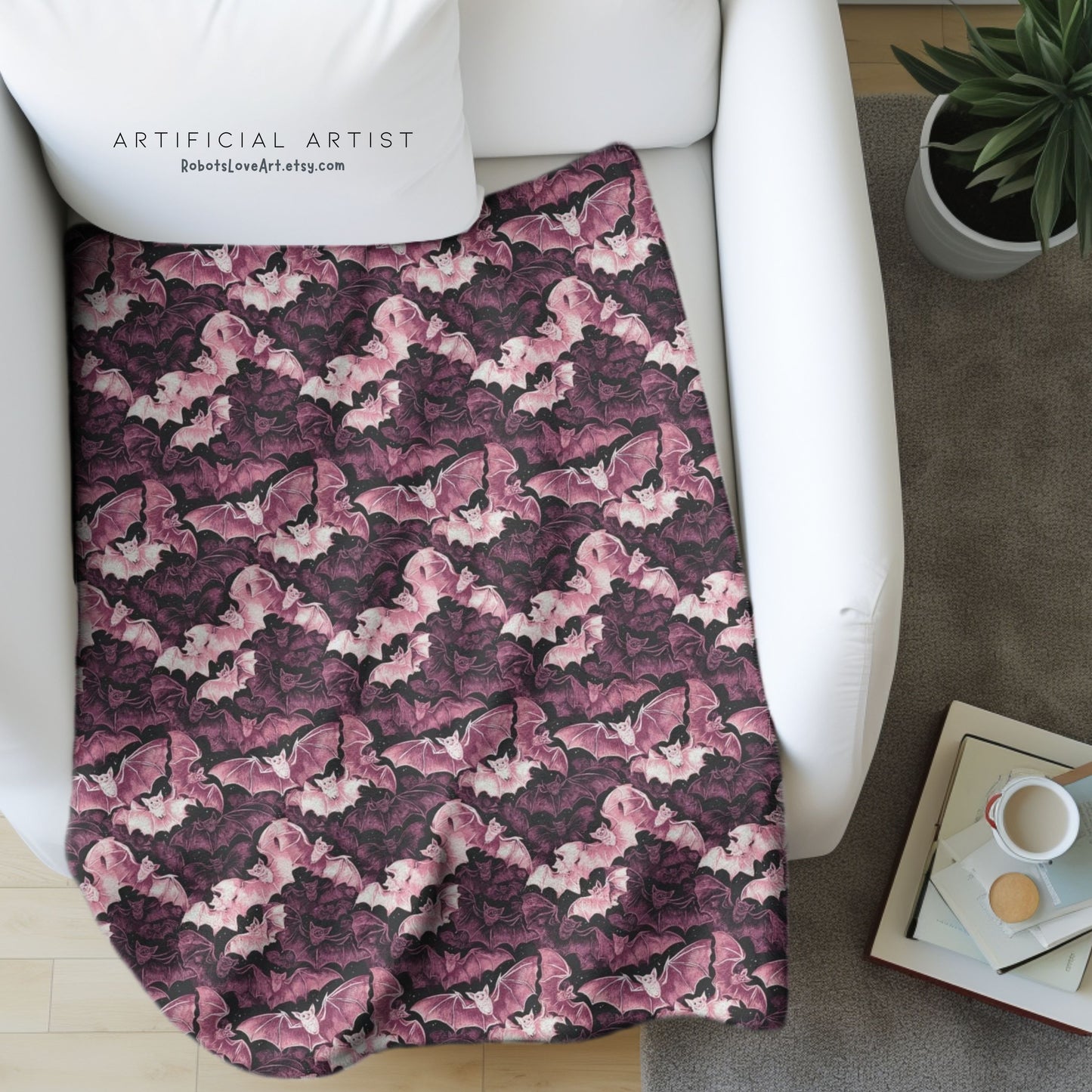 Cozy Pink Halloween Bats Velveteen Plush Blanket with Botanical Design | Perfect for Home Decor, Gifts, Girl Grunge