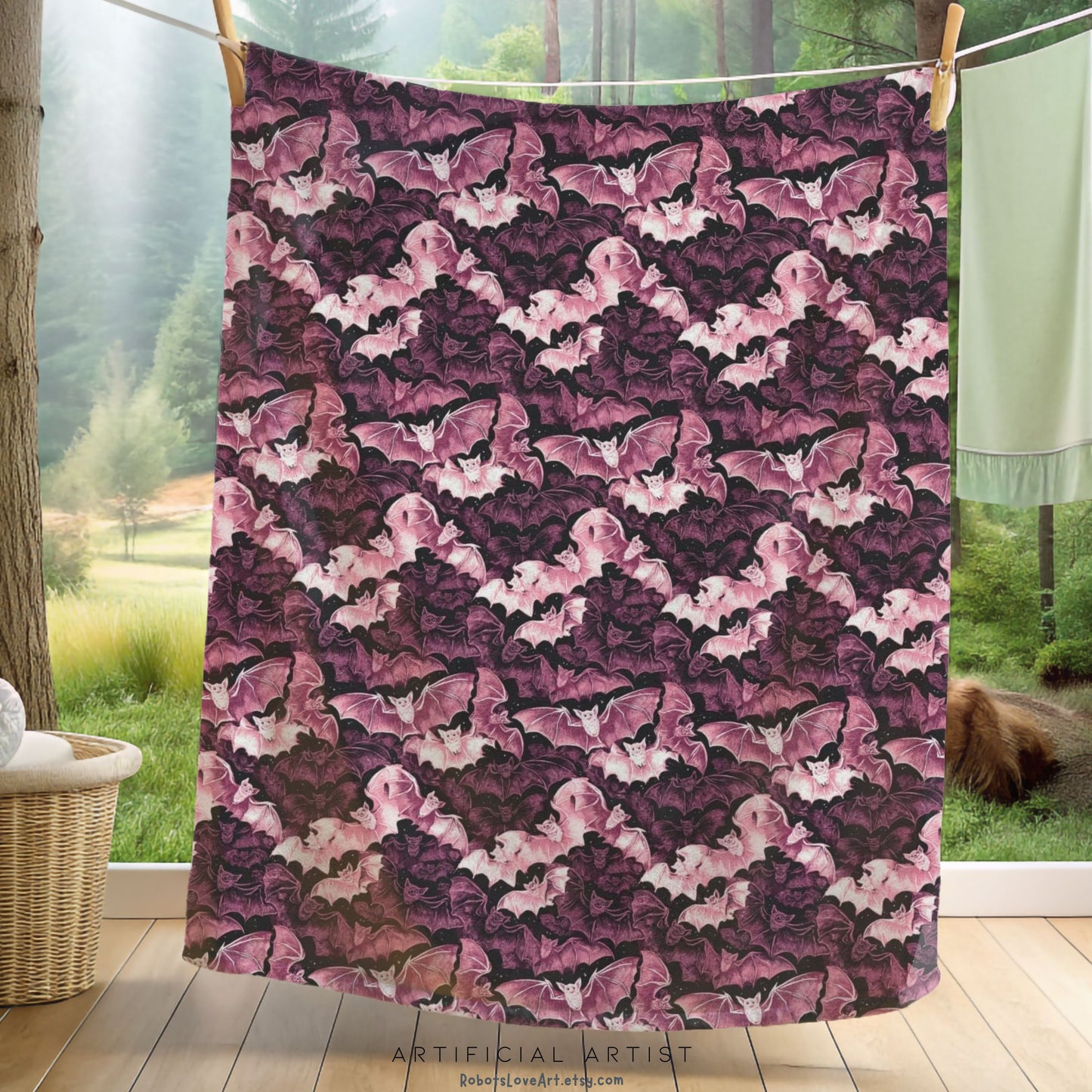 Cozy Pink Halloween Bats Velveteen Plush Blanket with Botanical Design | Perfect for Home Decor, Gifts, Girl Grunge