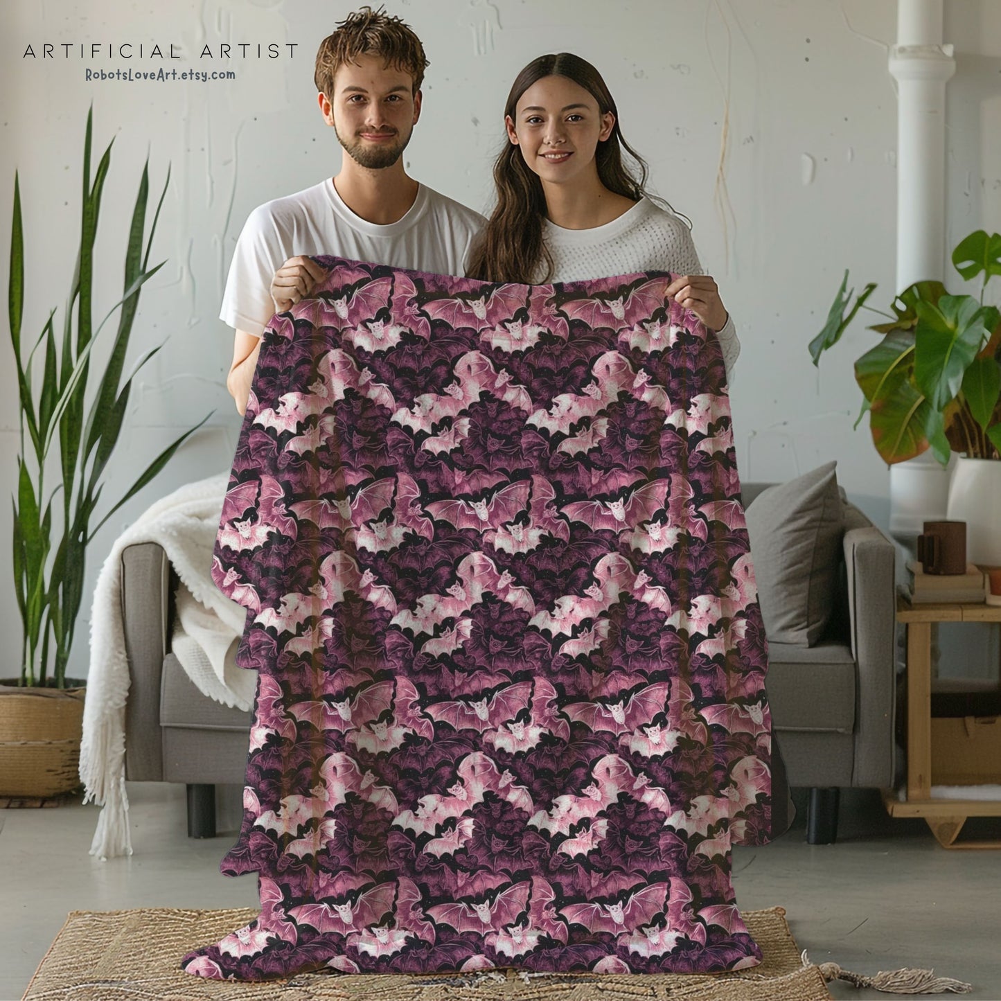 Cozy Pink Halloween Bats Velveteen Plush Blanket with Botanical Design | Perfect for Home Decor, Gifts, Girl Grunge