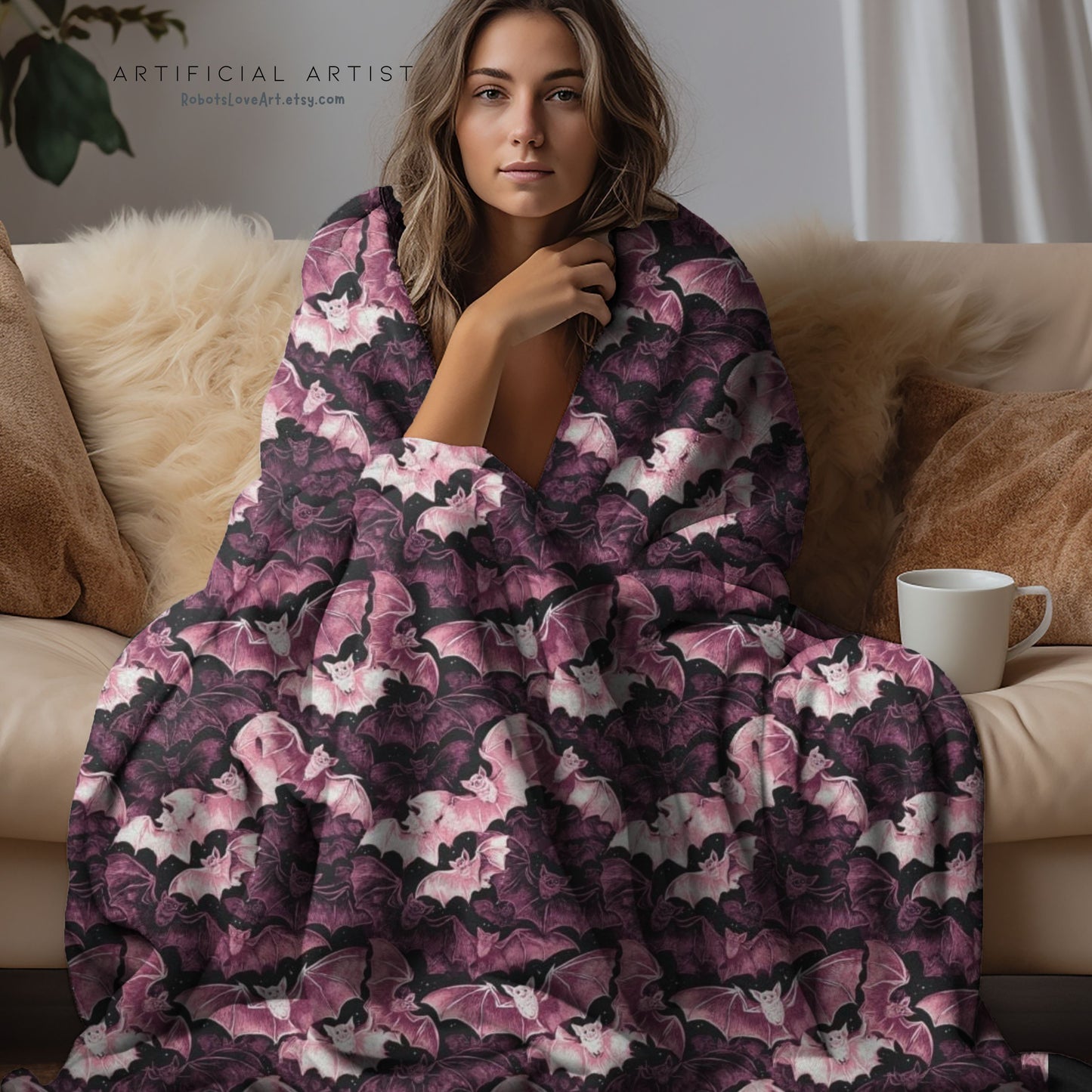 Cozy Pink Halloween Bats Velveteen Plush Blanket with Botanical Design | Perfect for Home Decor, Gifts, Girl Grunge