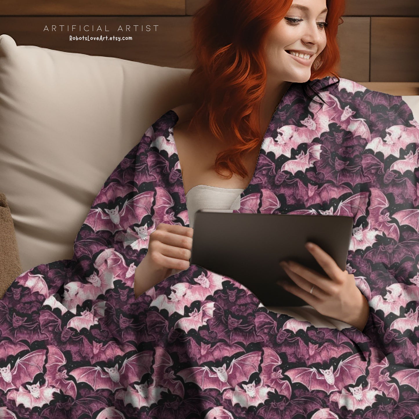 Cozy Pink Halloween Bats Velveteen Plush Blanket with Botanical Design | Perfect for Home Decor, Gifts, Girl Grunge