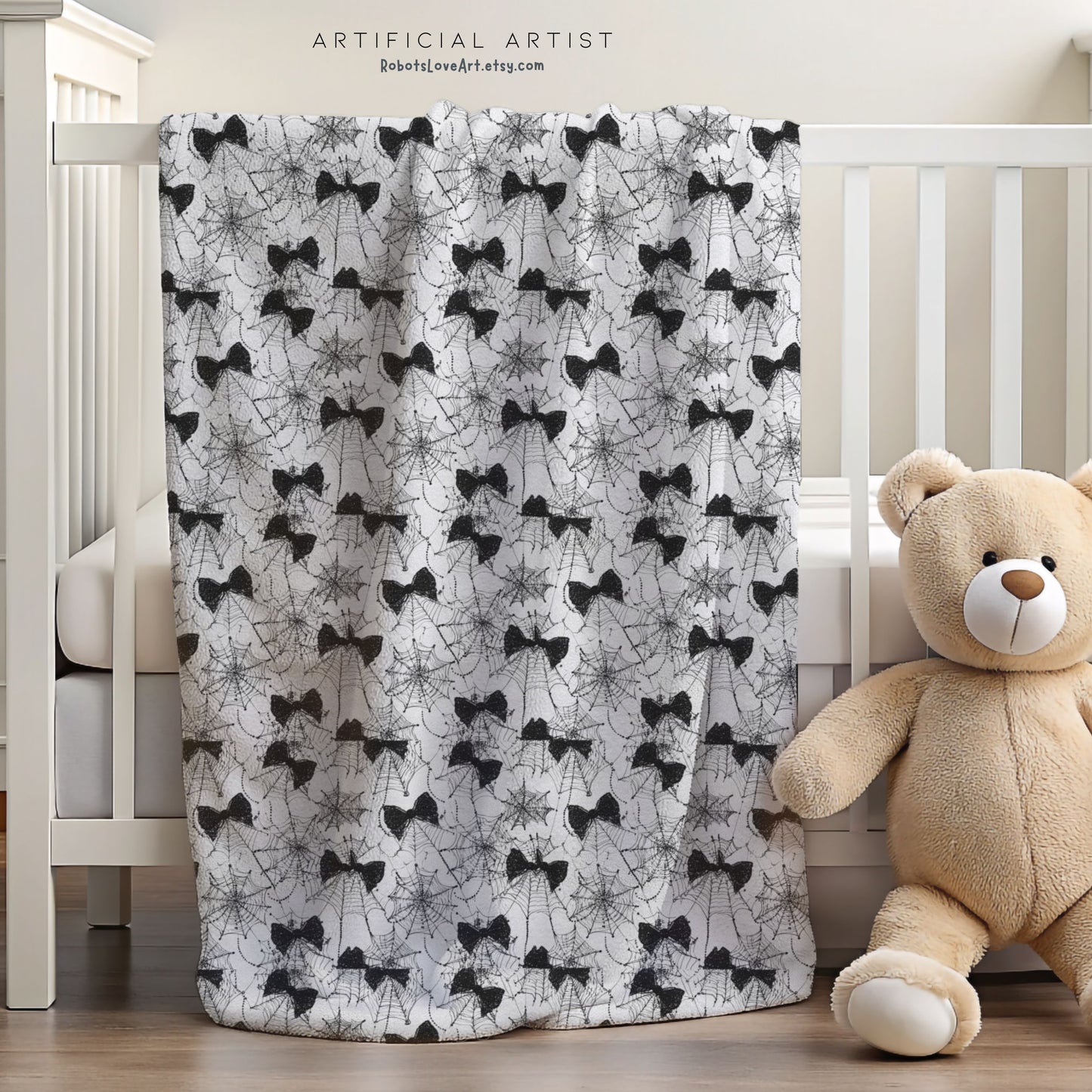 Spiderweb Cozy Velveteen Plush Blanket with Stylish Bow Pattern, Gift for Her, Snuggle Blanket, Halloween Blanket, Warm Throw