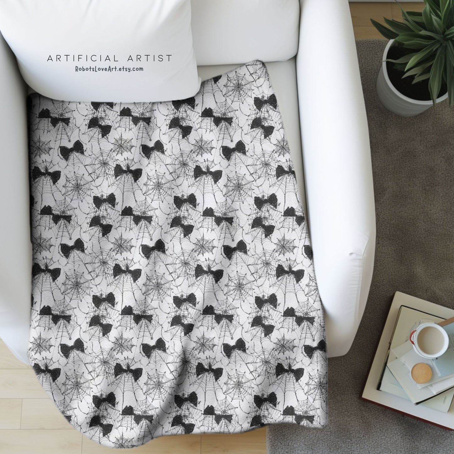 Spiderweb Cozy Velveteen Plush Blanket with Stylish Bow Pattern, Gift for Her, Snuggle Blanket, Halloween Blanket, Warm Throw