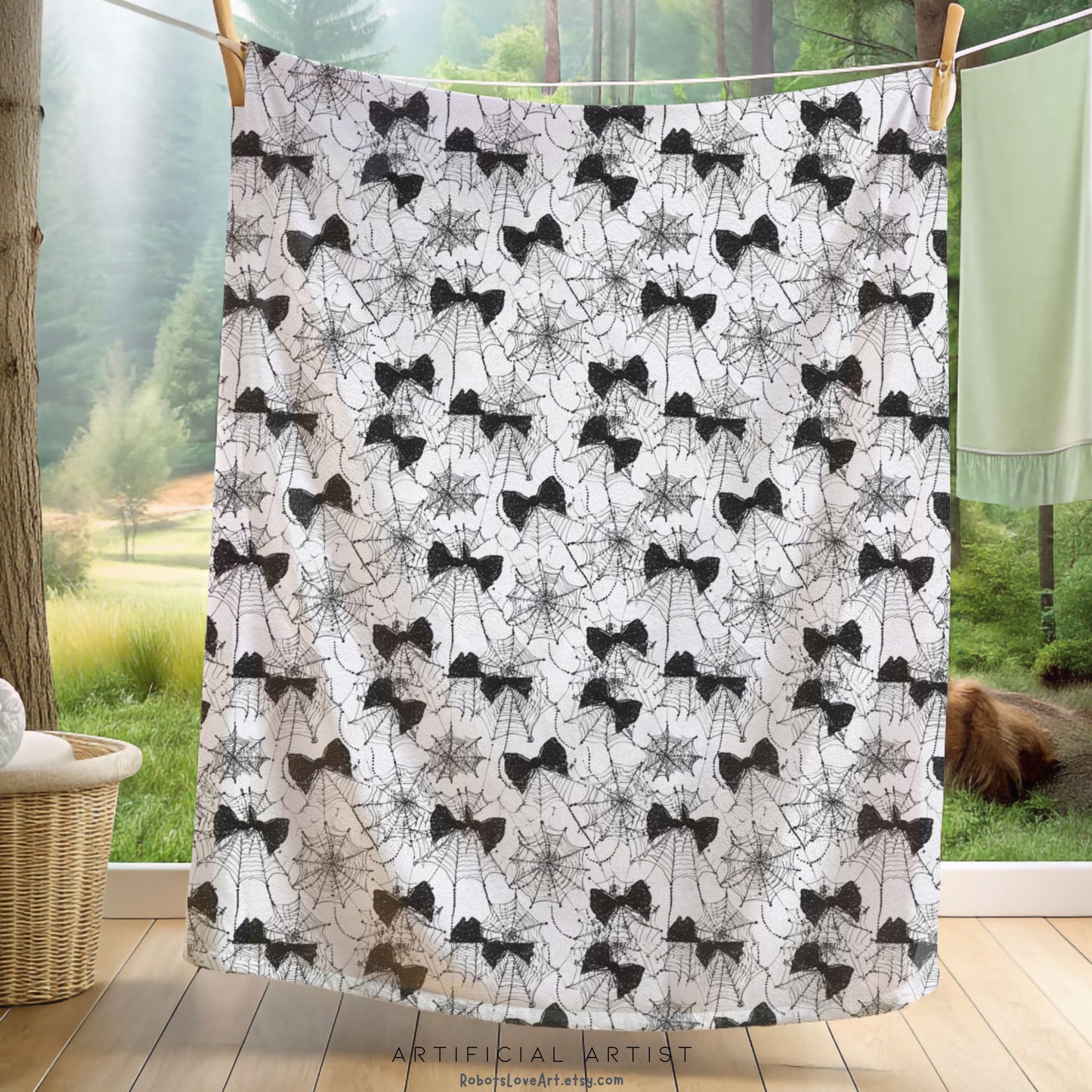 Spiderweb Cozy Velveteen Plush Blanket with Stylish Bow Pattern, Gift for Her, Snuggle Blanket, Halloween Blanket, Warm Throw